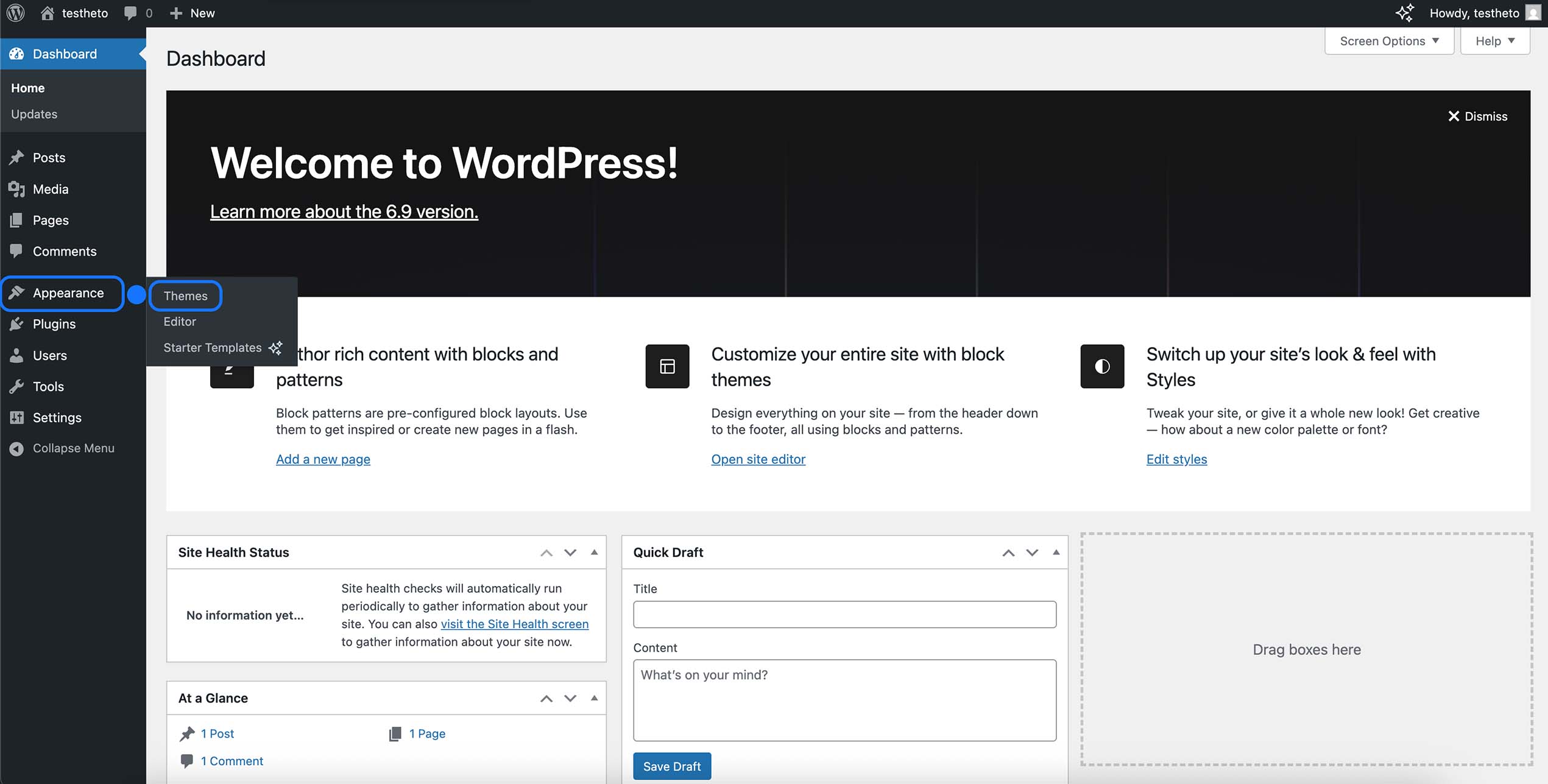 tableau de bord WordPress montrant le menu Apparence et l’accès à la section Thèmes