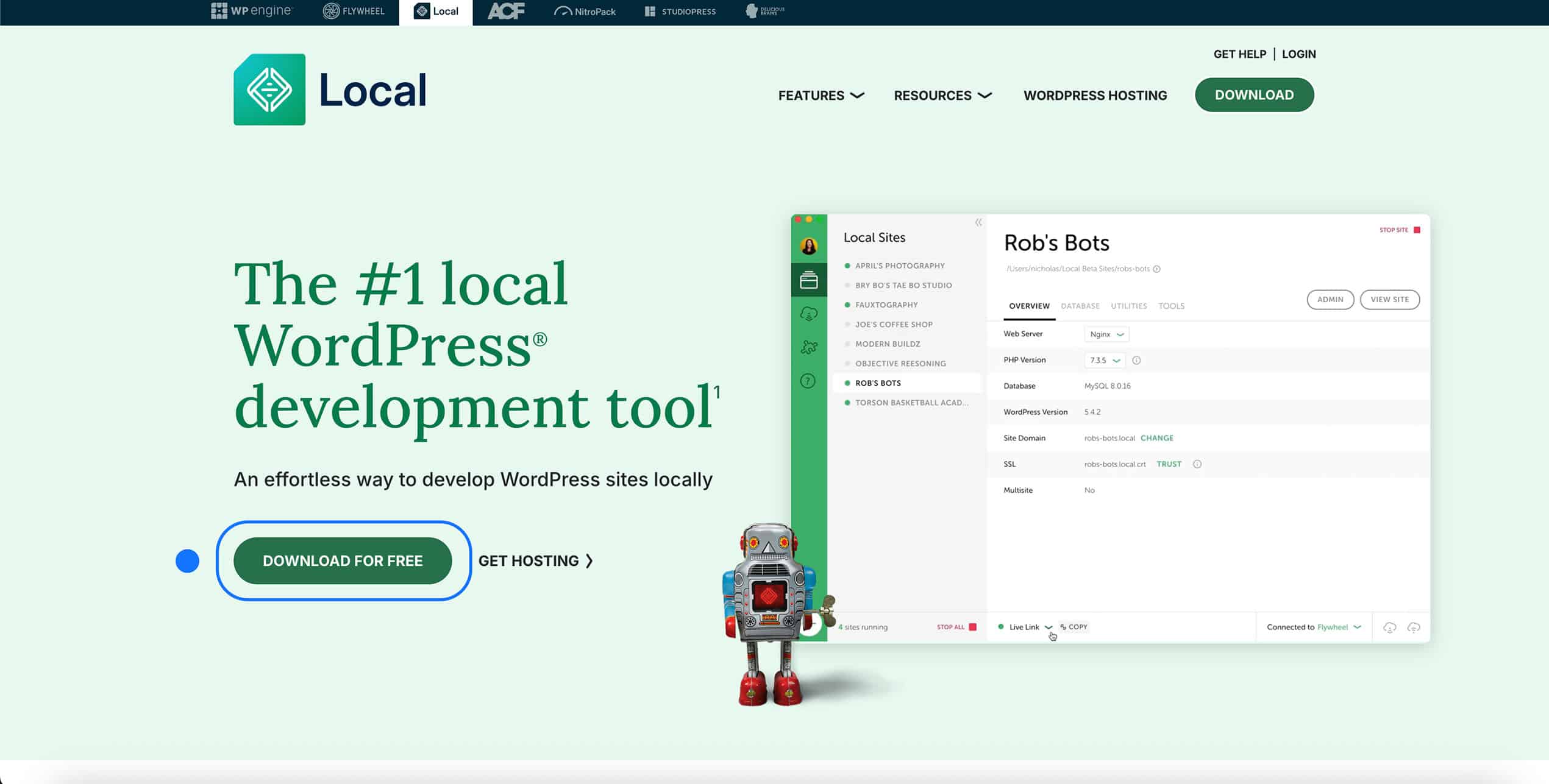 page d’accueil du site Local WordPress avec bouton Download for Free et aperçu de l’interface du logiciel
