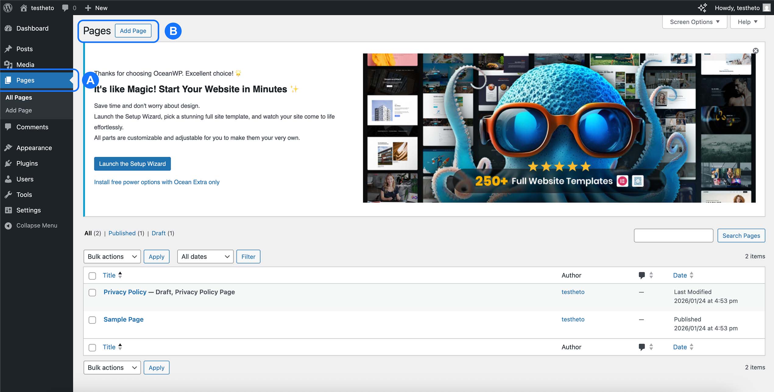 Tableau de bord WordPress affichant la liste des pages avec le bouton Ajouter une page