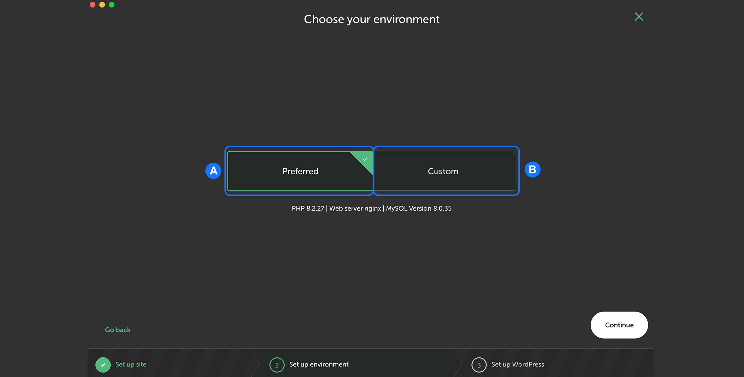 écran LocalWP pour choisir l’environnement avec options Preferred et Custom pour la configuration du serveur