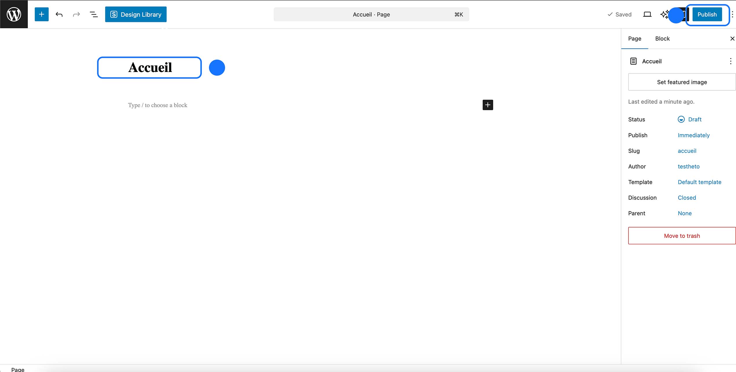 Éditeur WordPress avec la page Accueil en cours de création avant publication