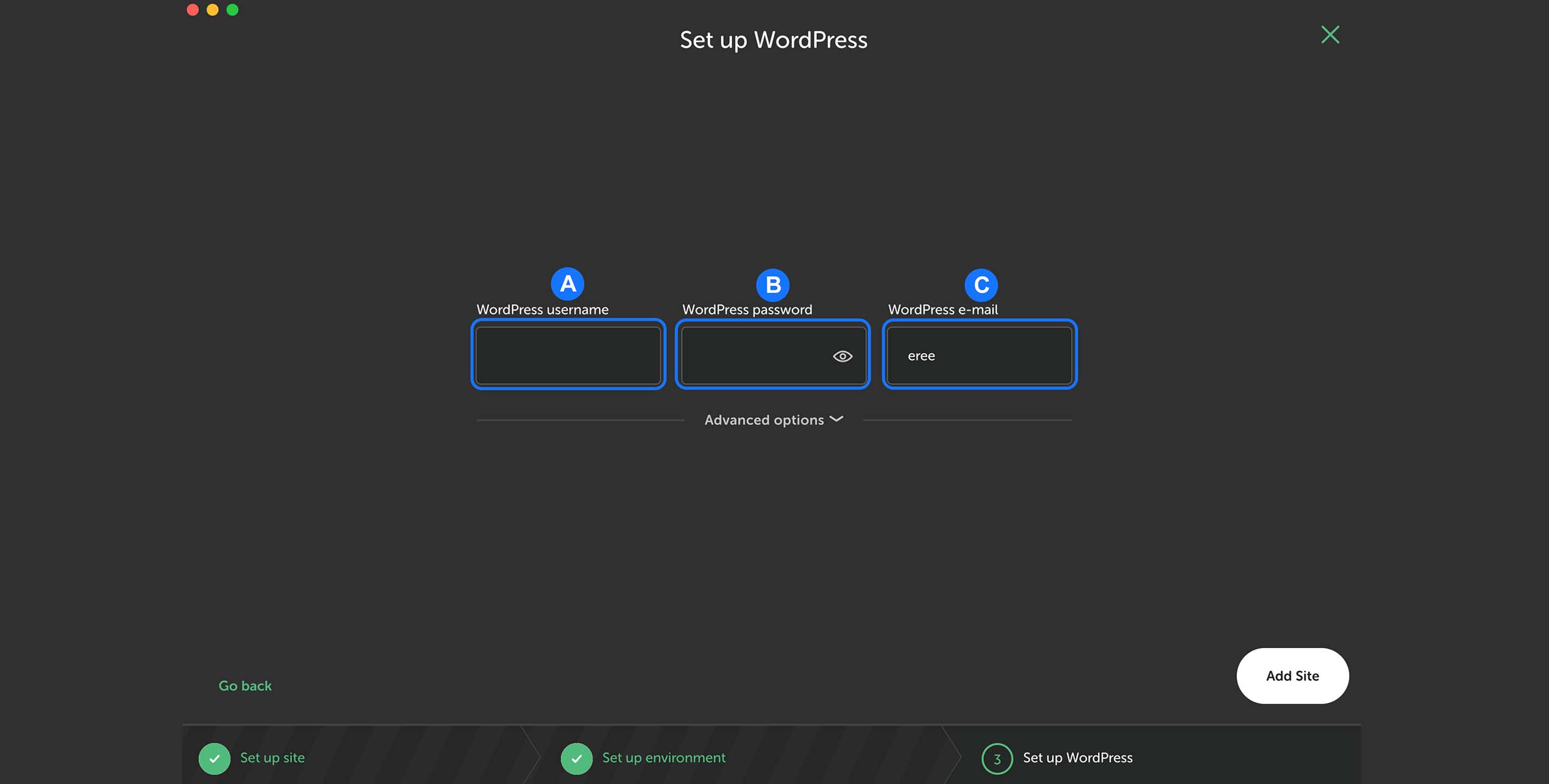 écran LocalWP de configuration WordPress demandant le nom d’utilisateur, le mot de passe et l’e-mail administrateur