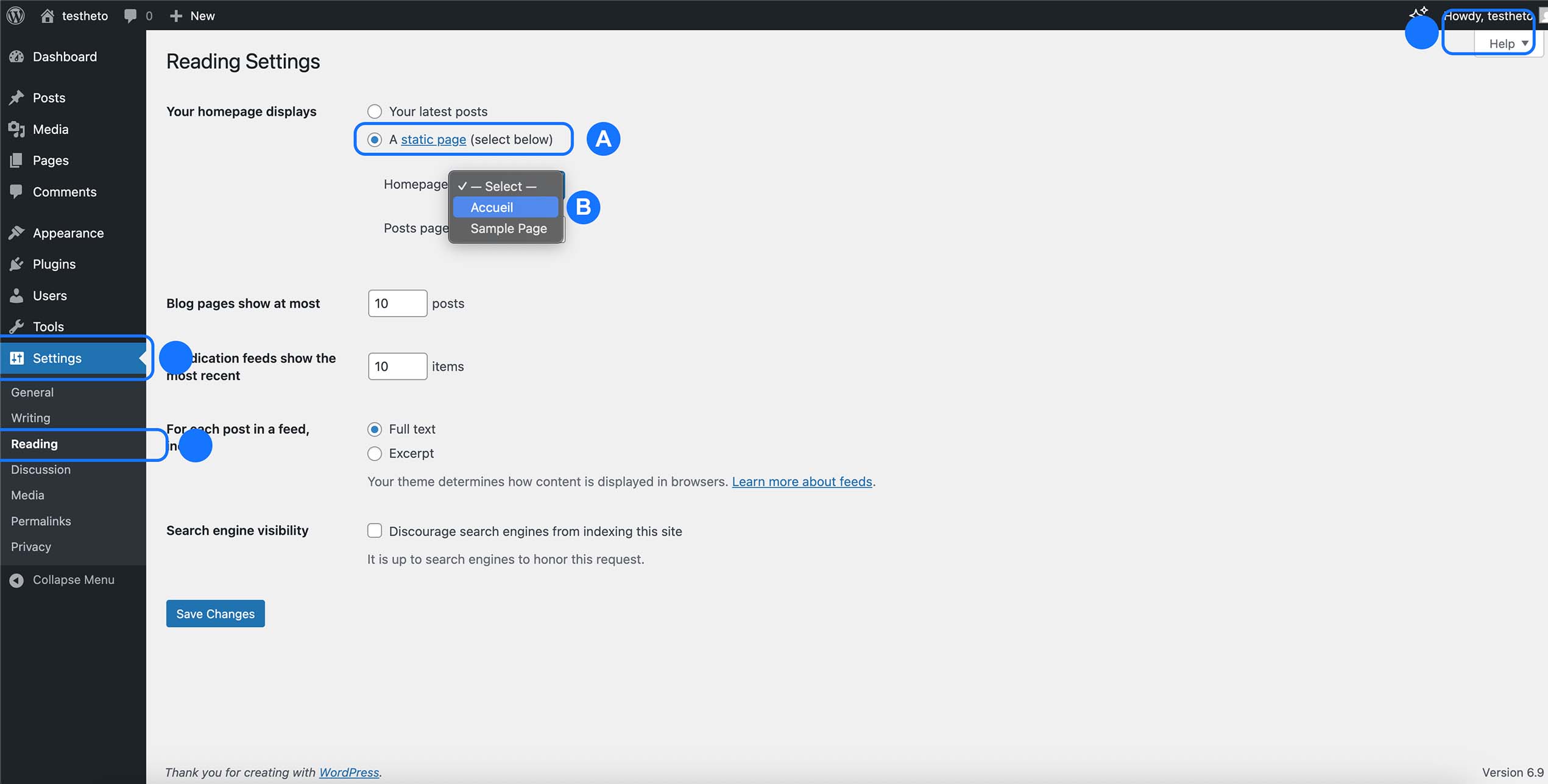 Réglages de lecture WordPress pour définir une page d’accueil statique