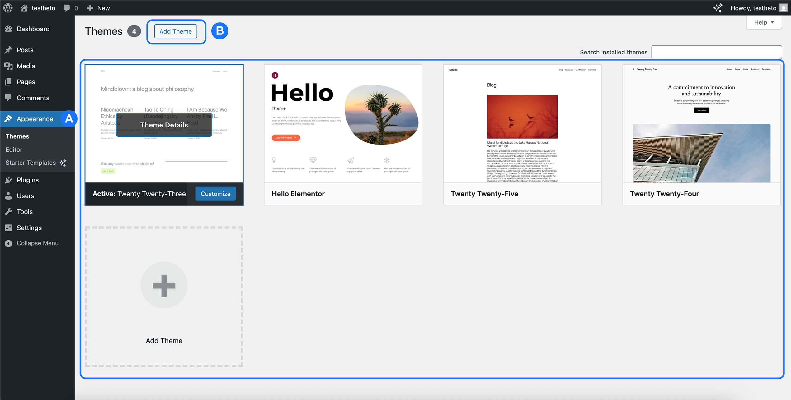 page thèmes WordPress montrant le thème actif et le bouton Add Theme