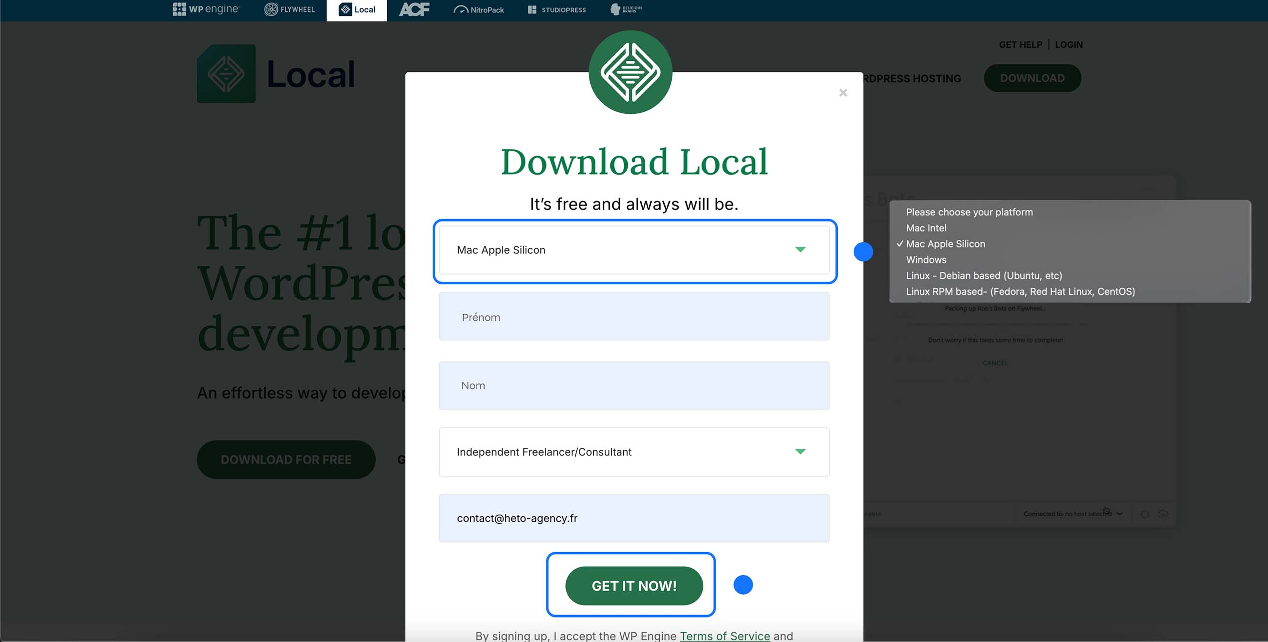 fenêtre de téléchargement Local avec sélection de la plateforme Mac Apple Silicon et formulaire d’inscription affiché