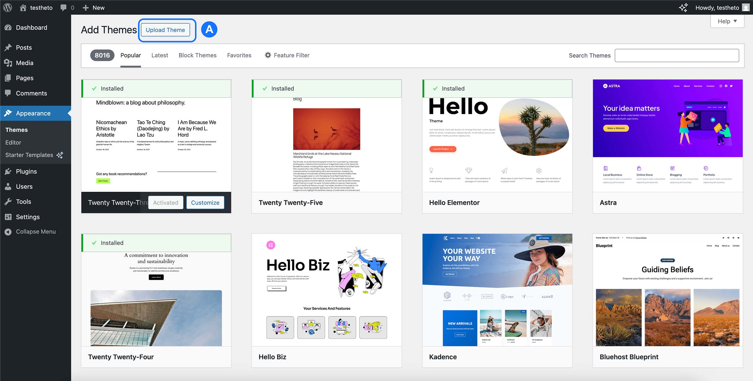 page thèmes WordPress avec bouton Upload Theme pour ajouter un thème