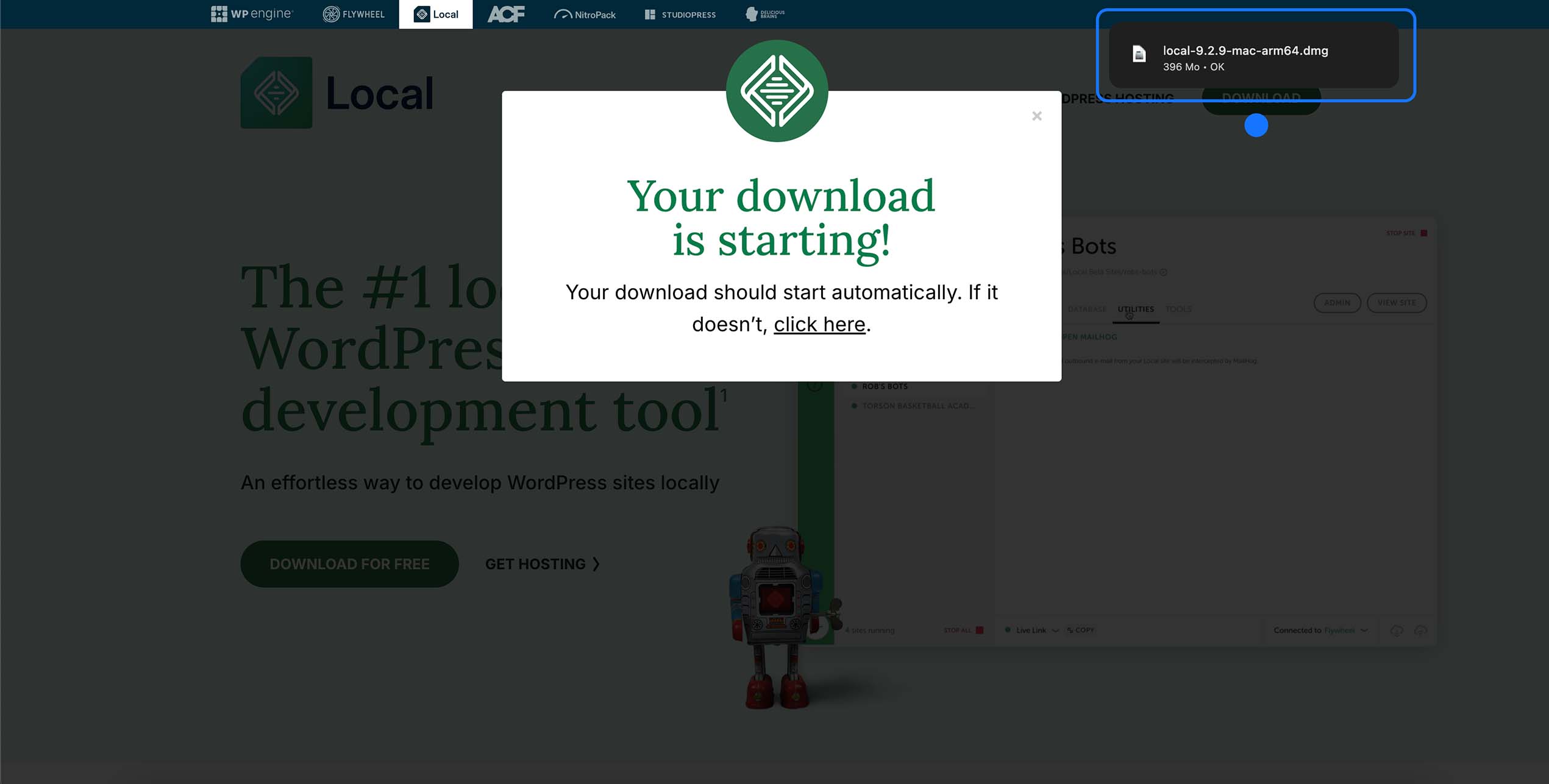 écran Local indiquant que le téléchargement démarre avec le fichier local 9.2.9 mac arm64 dmg en cours de téléchargement
