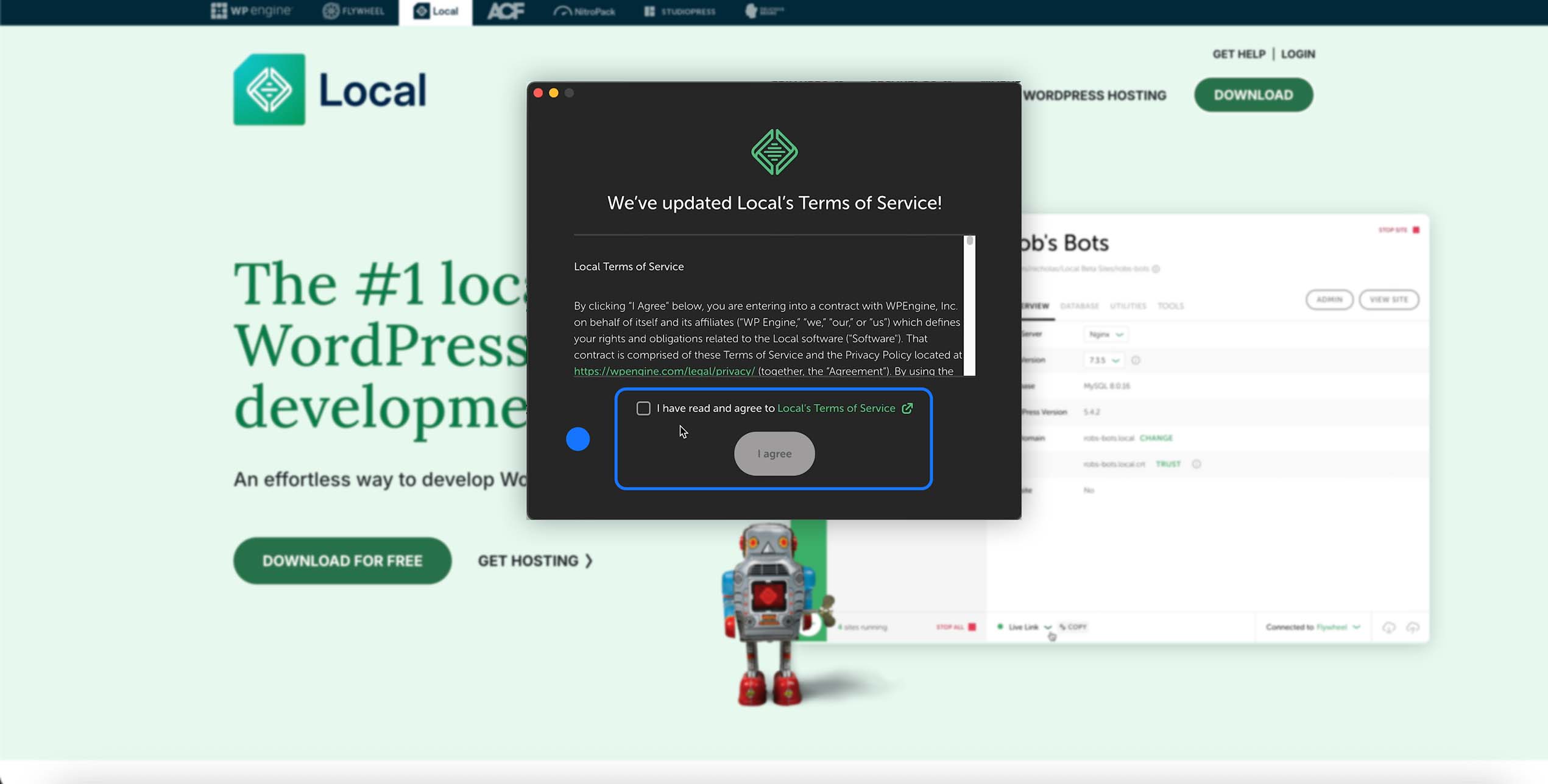 fenêtre LocalWP demandant d’accepter les conditions d’utilisation avec case à cocher I have read and agree to Local’s Terms of Service