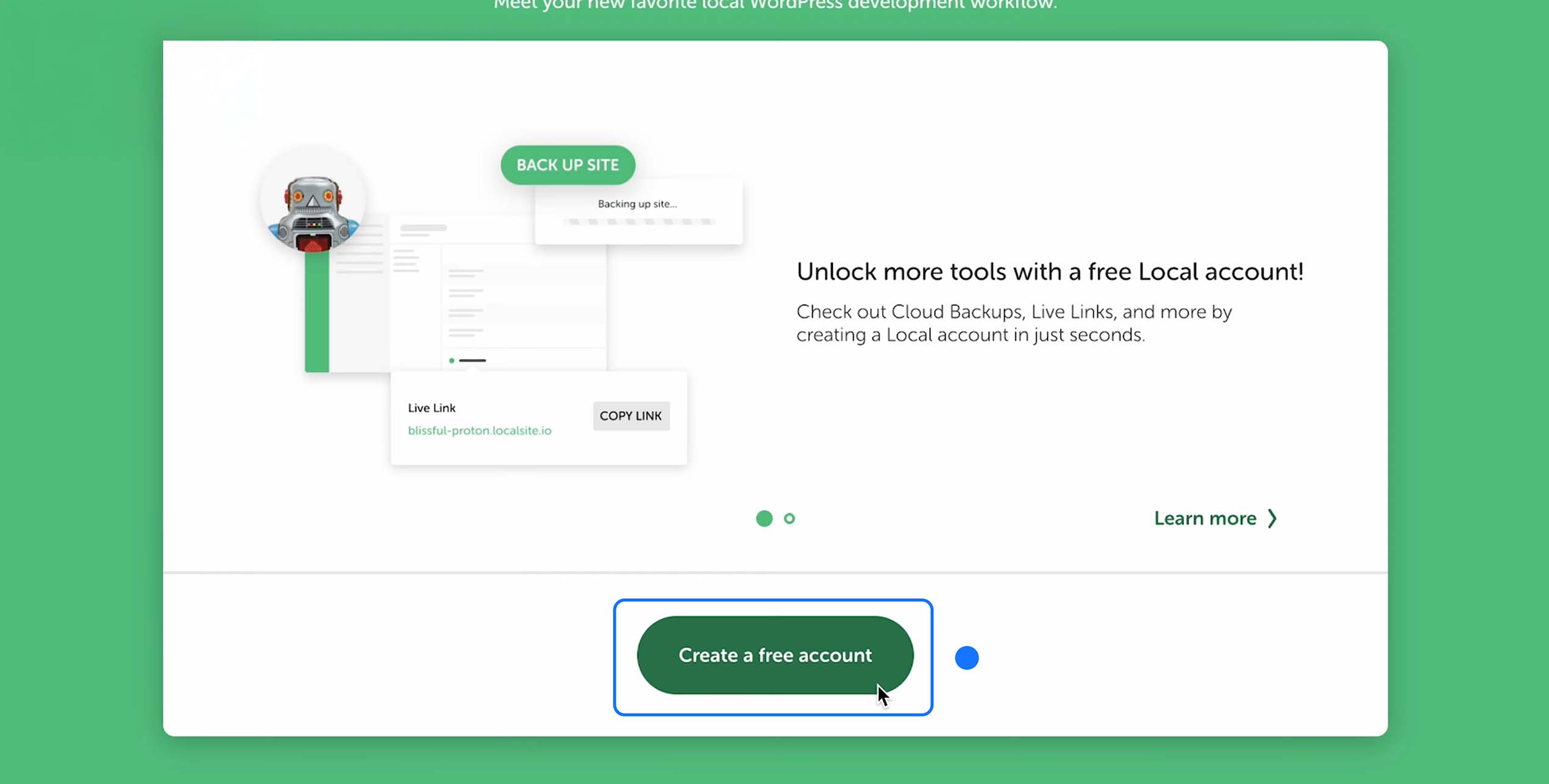 écran LocalWP proposant de créer un compte gratuit
