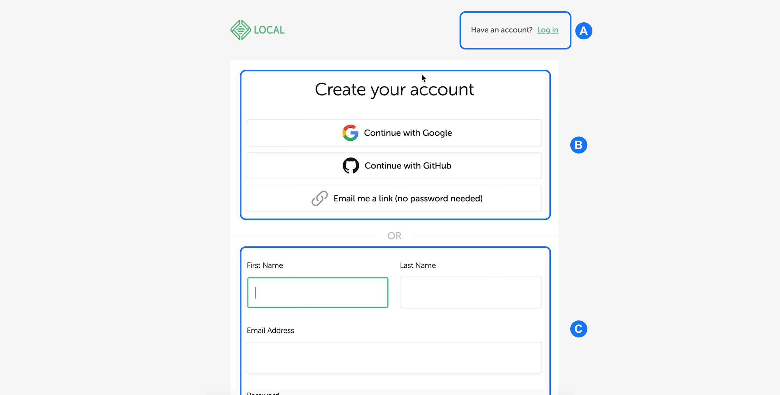 page LocalWP pour créer un compte avec options connexion Google, GitHub ou inscription par e-mail