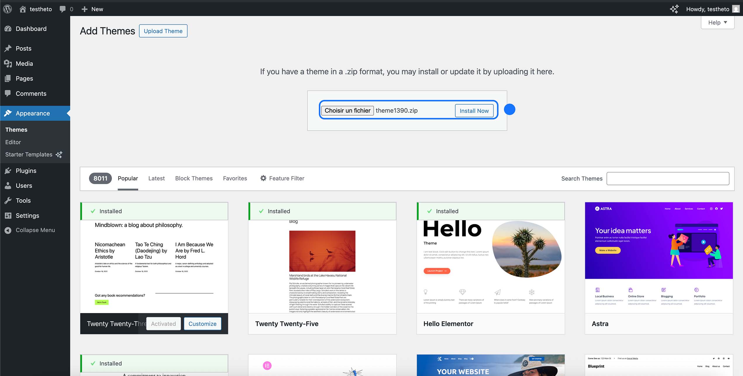 page Ajouter un thème dans WordPress montrant l’upload d’un thème au format ZIP