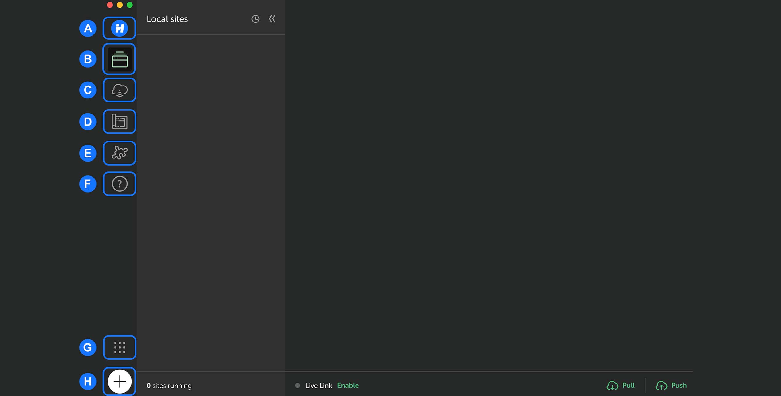 barre latérale de LocalWP affichant les sections sites locaux, création de site, extensions, paramètres et aide