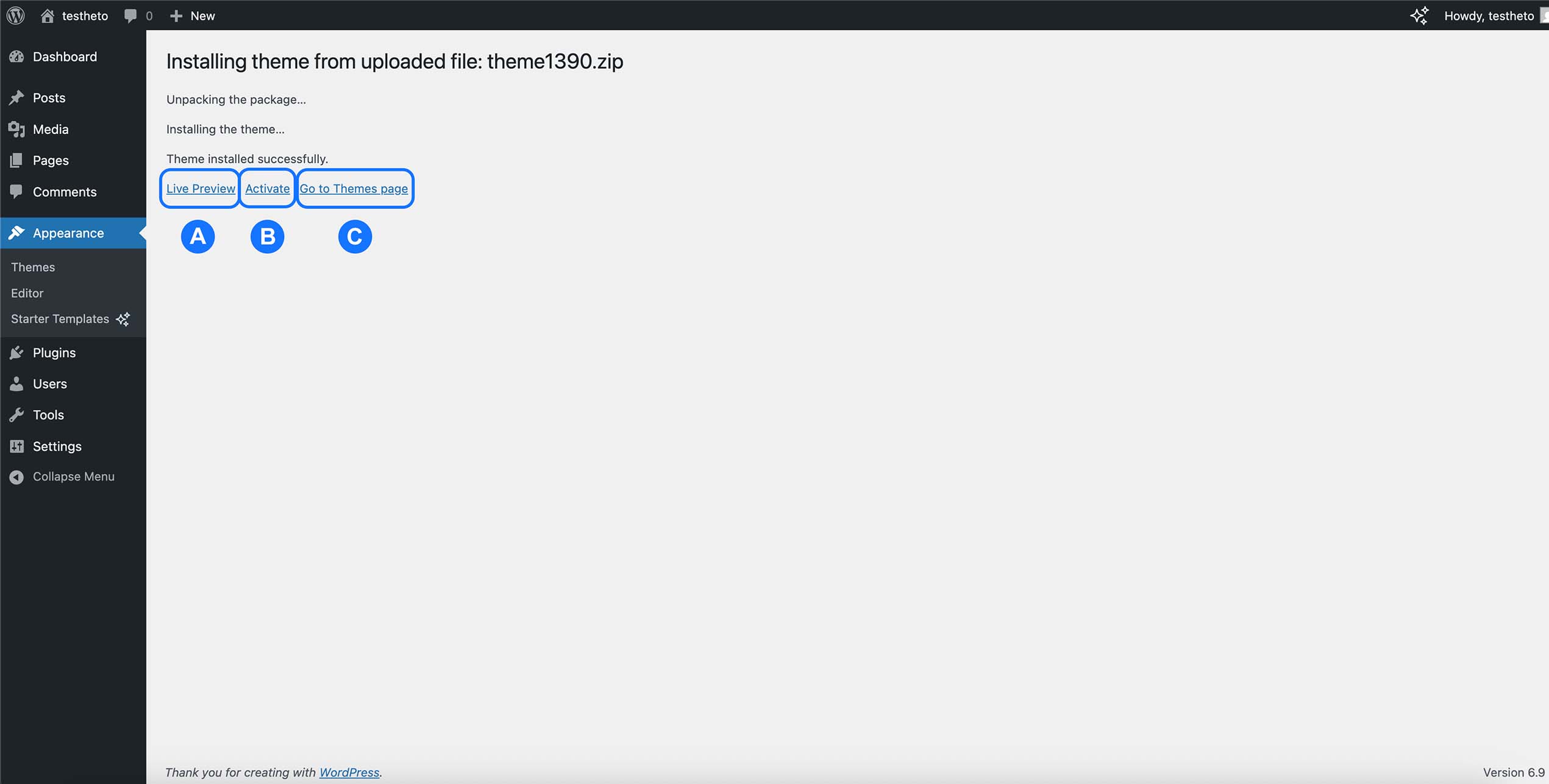 installation réussie d’un thème WordPress avec options activer et prévisualiser