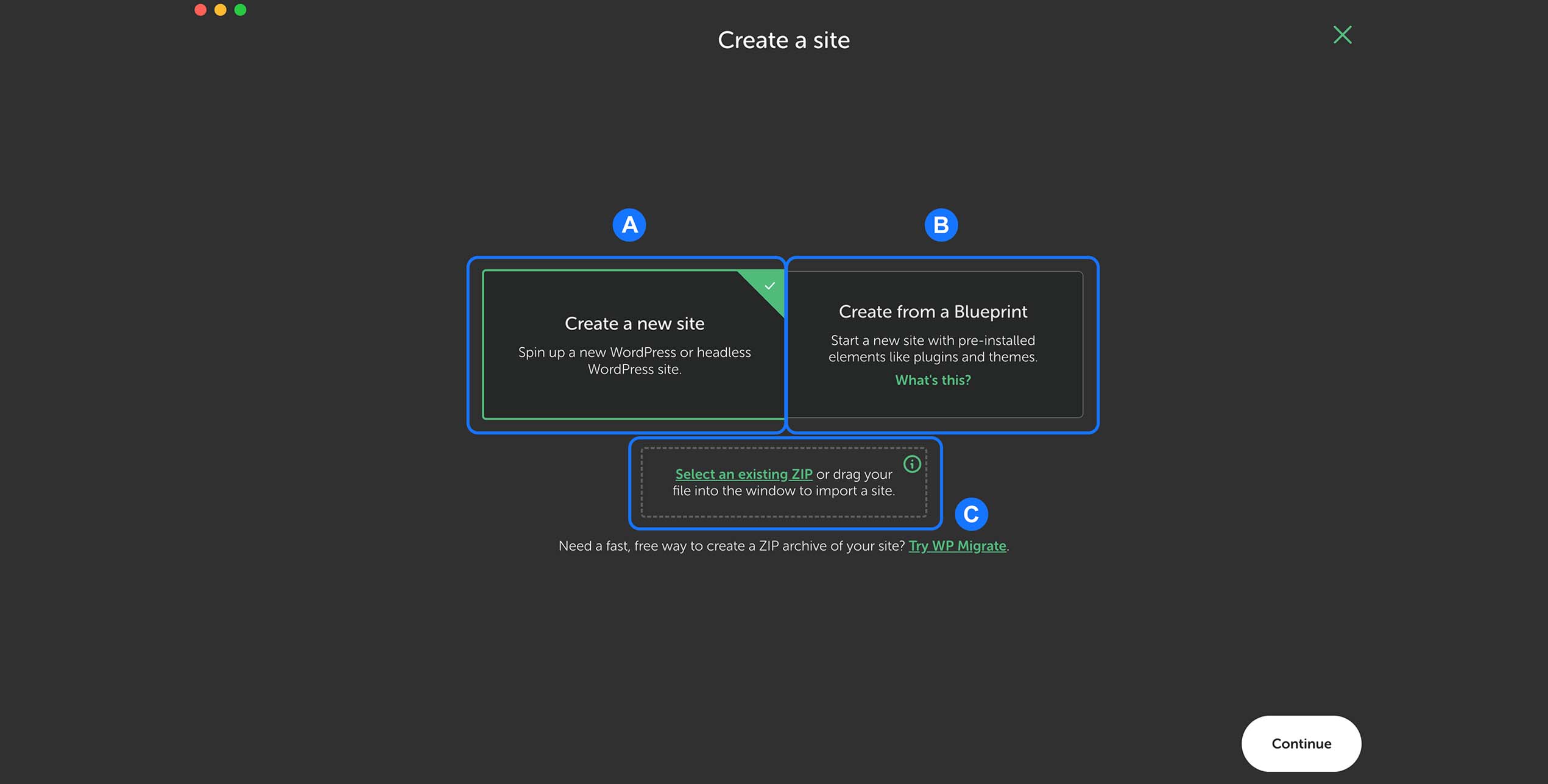 écran LocalWP pour créer un nouveau site WordPress avec options créer un site, utiliser un blueprint ou importer un site