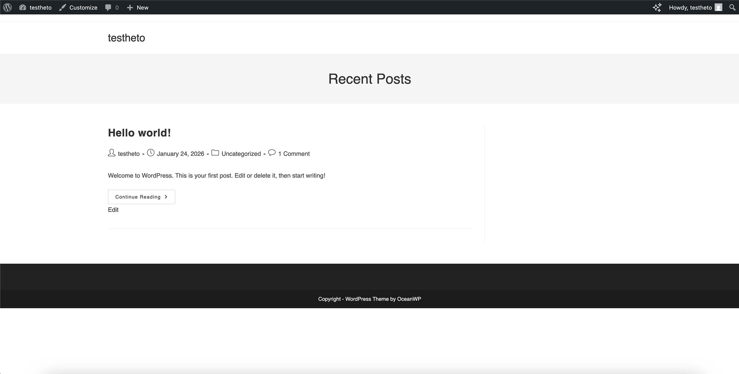 Page d’accueil WordPress affichant les articles du blog avec le message "Hello world" et la section Recent Posts