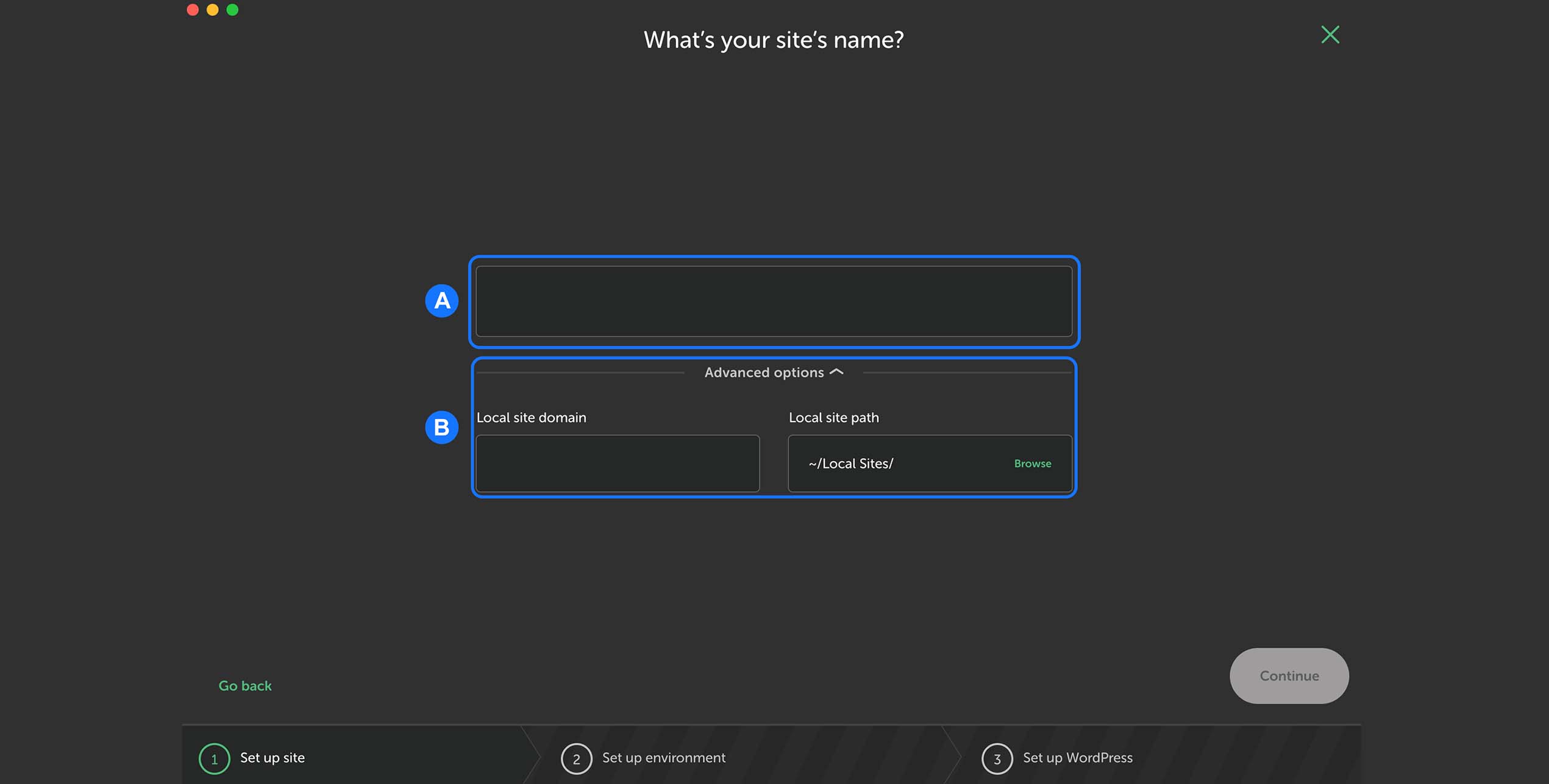 écran LocalWP demandant le nom du site WordPress ainsi que le domaine local et l’emplacement des fichiers
