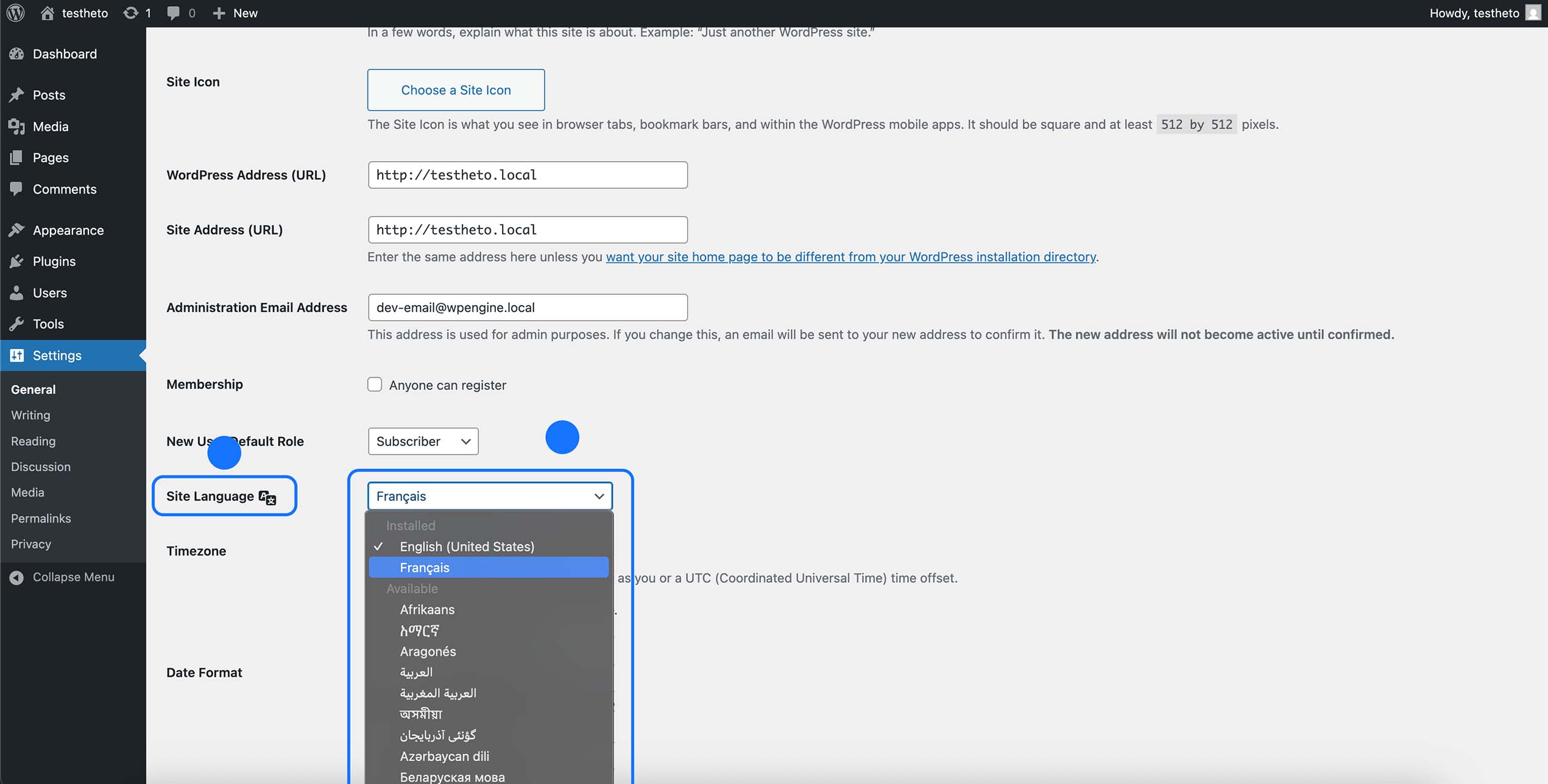 Changer la langue du site WordPress en Français dans les réglages généraux