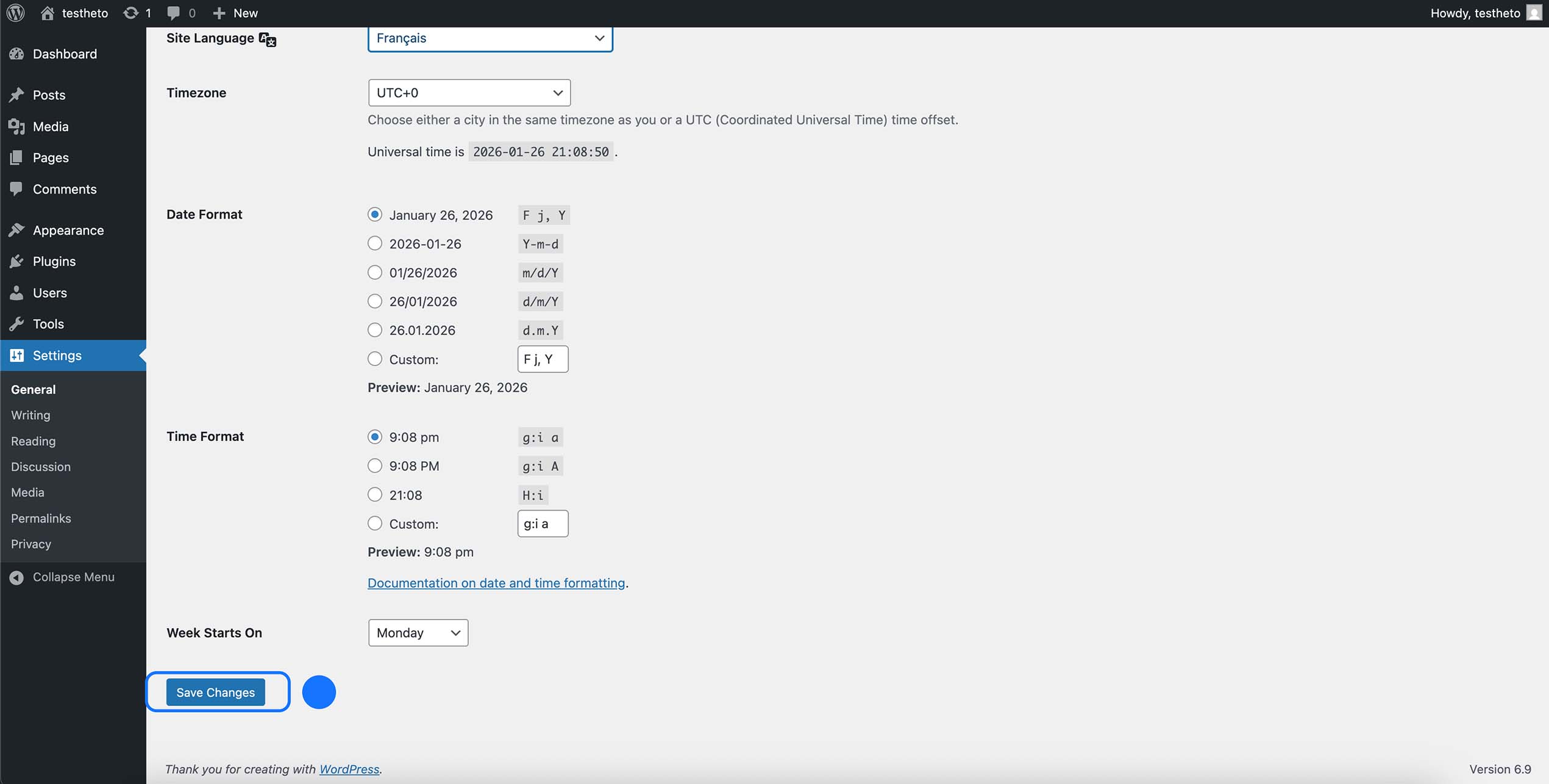 Réglages généraux WordPress avec la langue du site définie sur Français