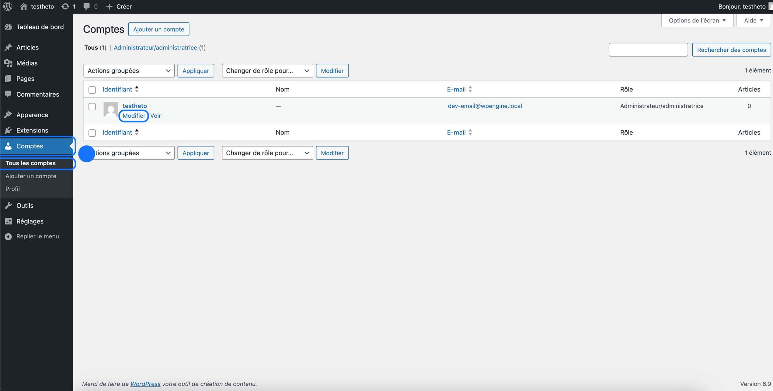 Liste des utilisateurs WordPress affichant un compte administrateur dans la section Tous les comptes