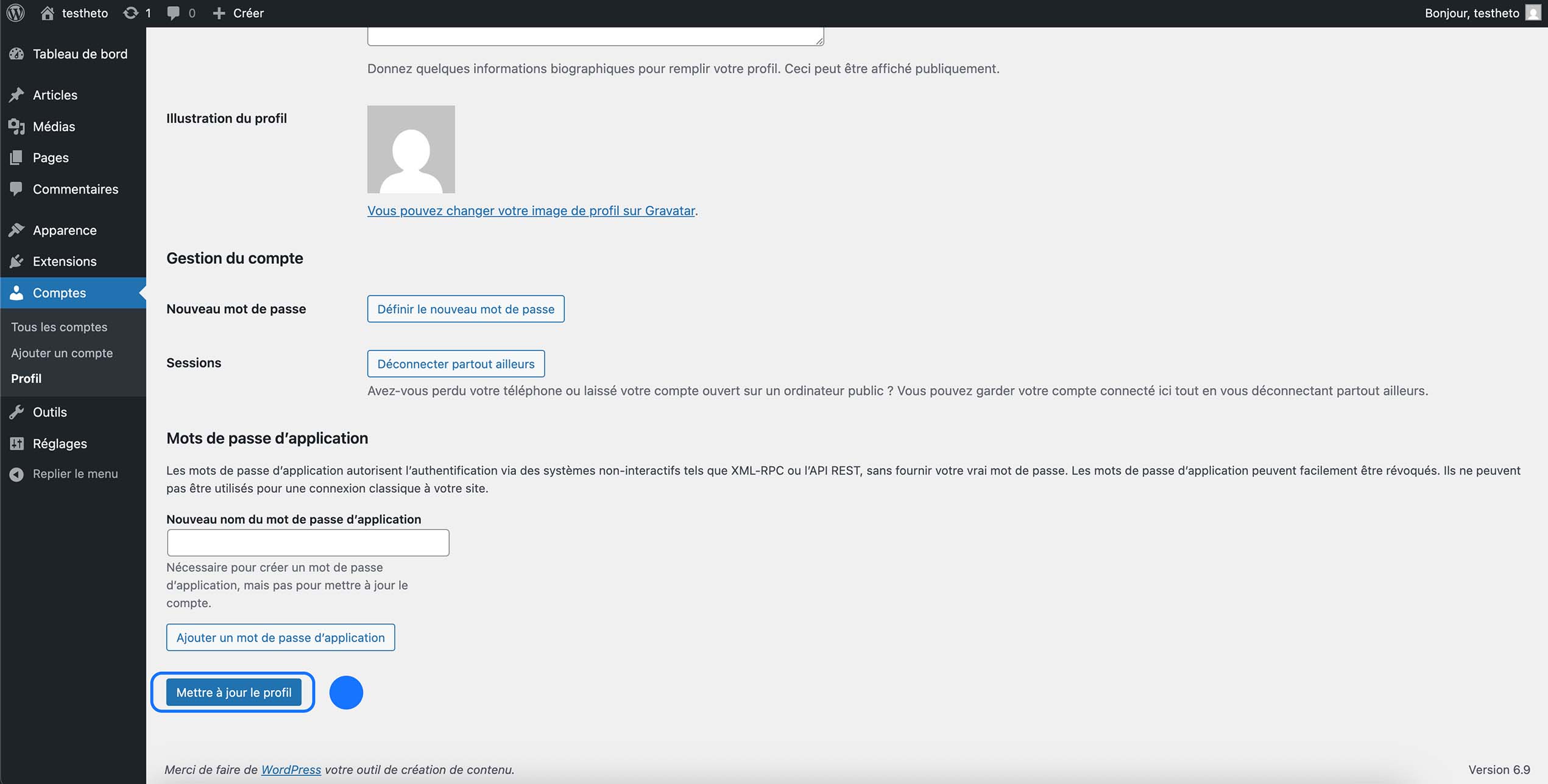 Page profil utilisateur WordPress avec options de mot de passe, sessions et mots de passe d’application