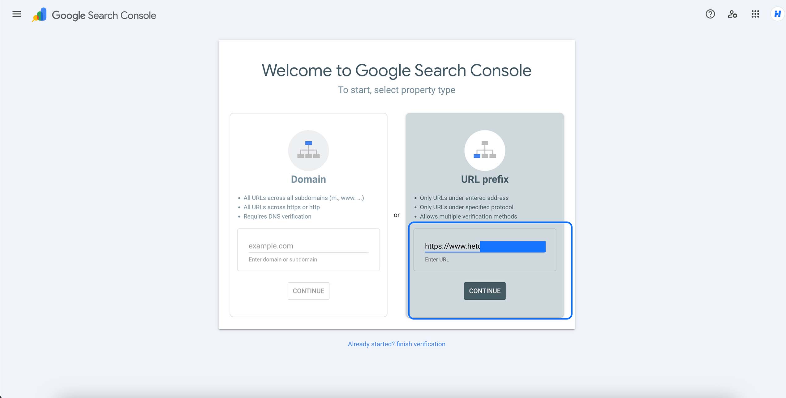Ajout d’un site dans Google Search Console avec la méthode préfixe d’URL