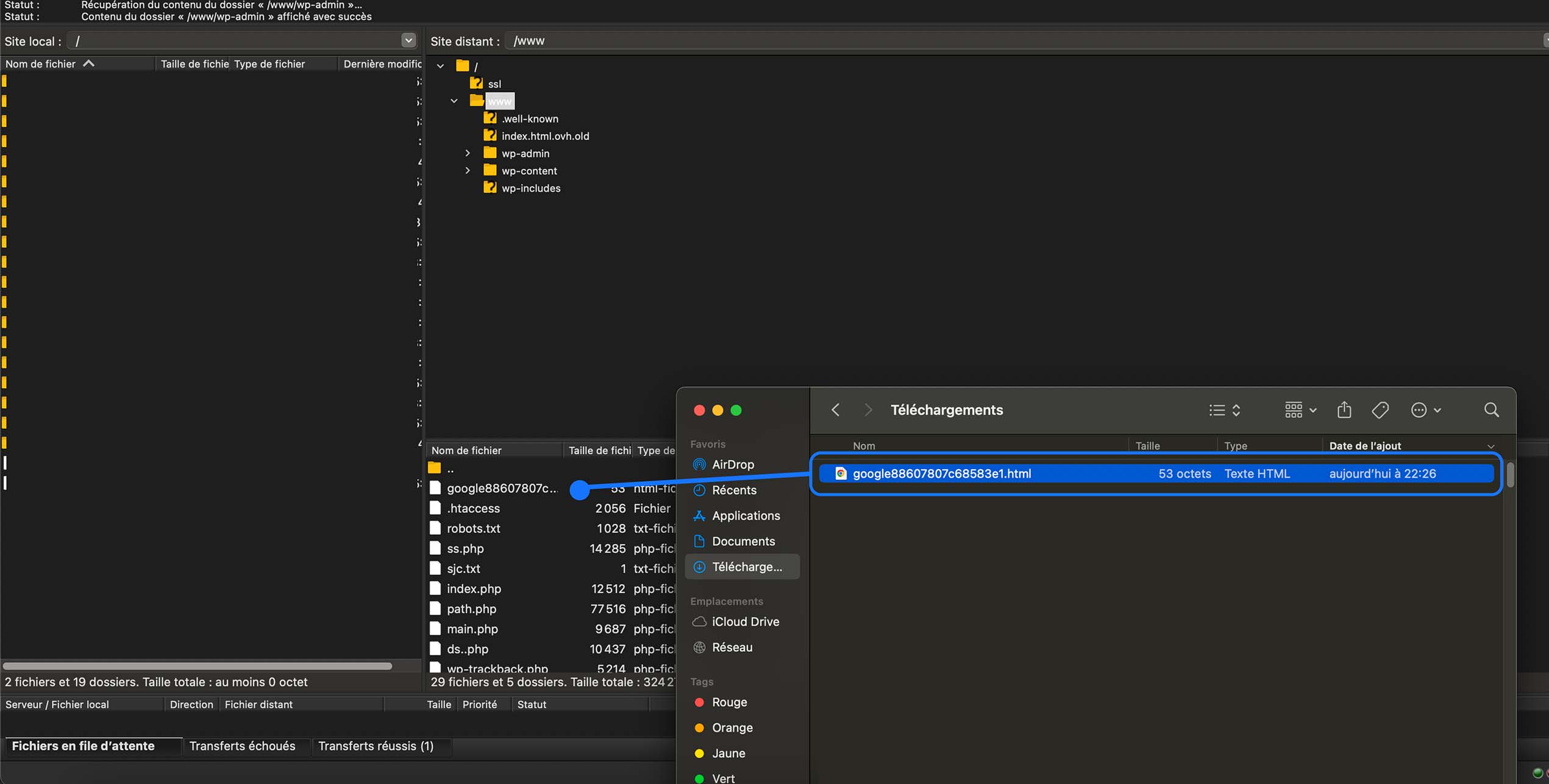 Ajout du fichier HTML de vérification Google Search Console à la racine du site via FTP