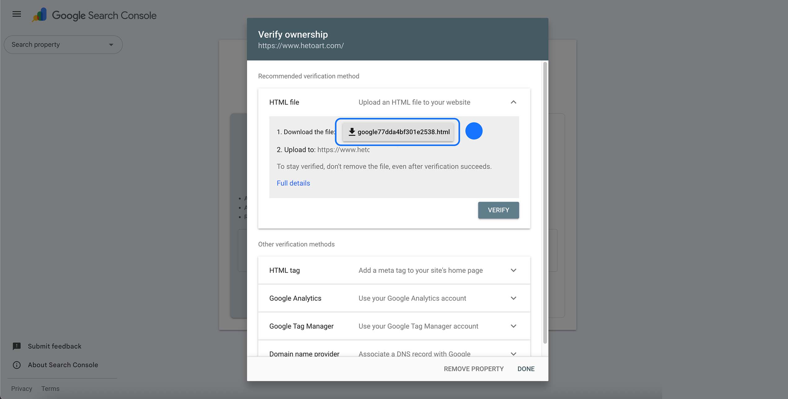 Téléchargement du fichier HTML de vérification Google Search Console pour valider la propriété du site