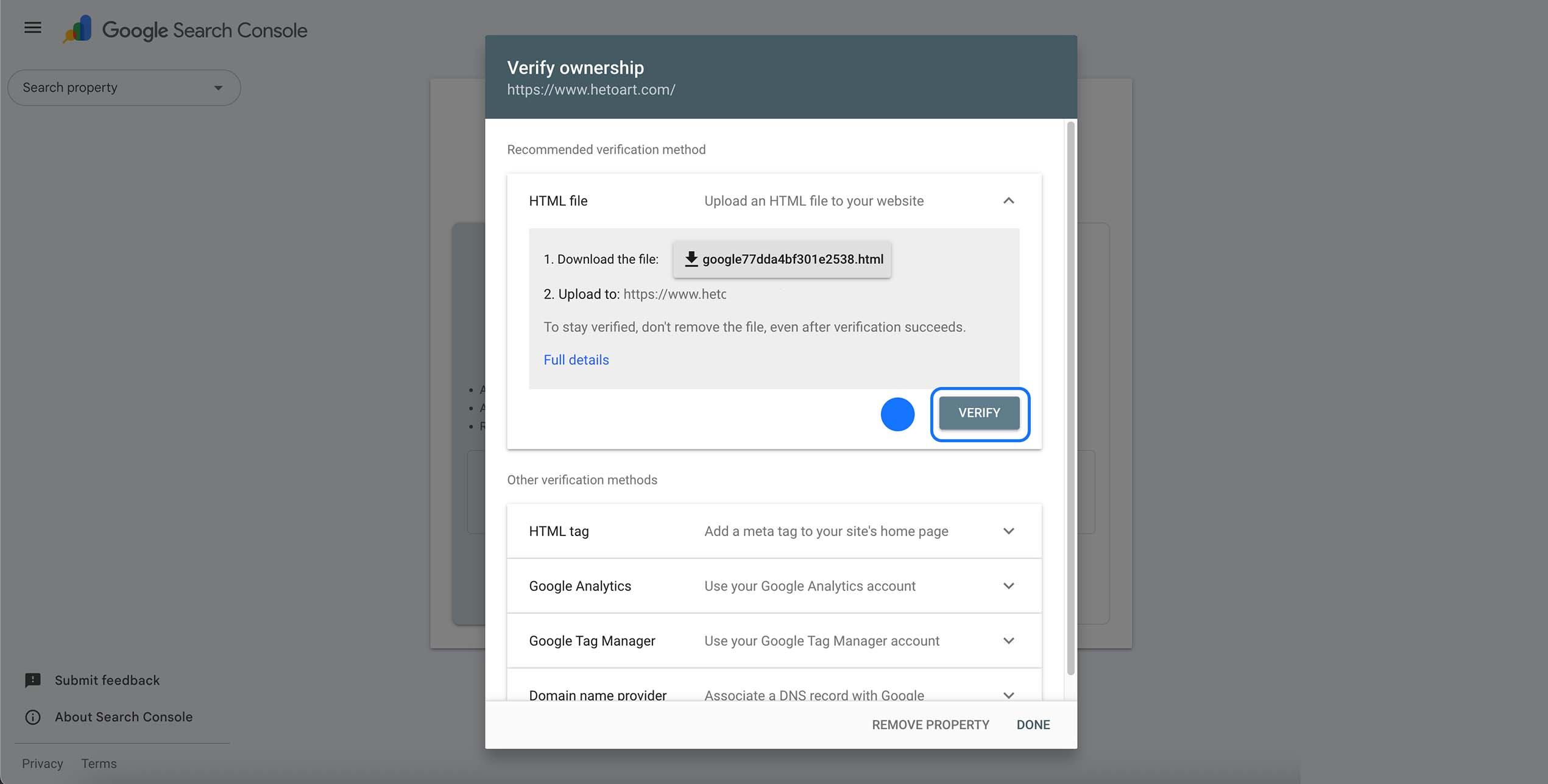 Vérification de la propriété du site dans Google Search Console via fichier HTML