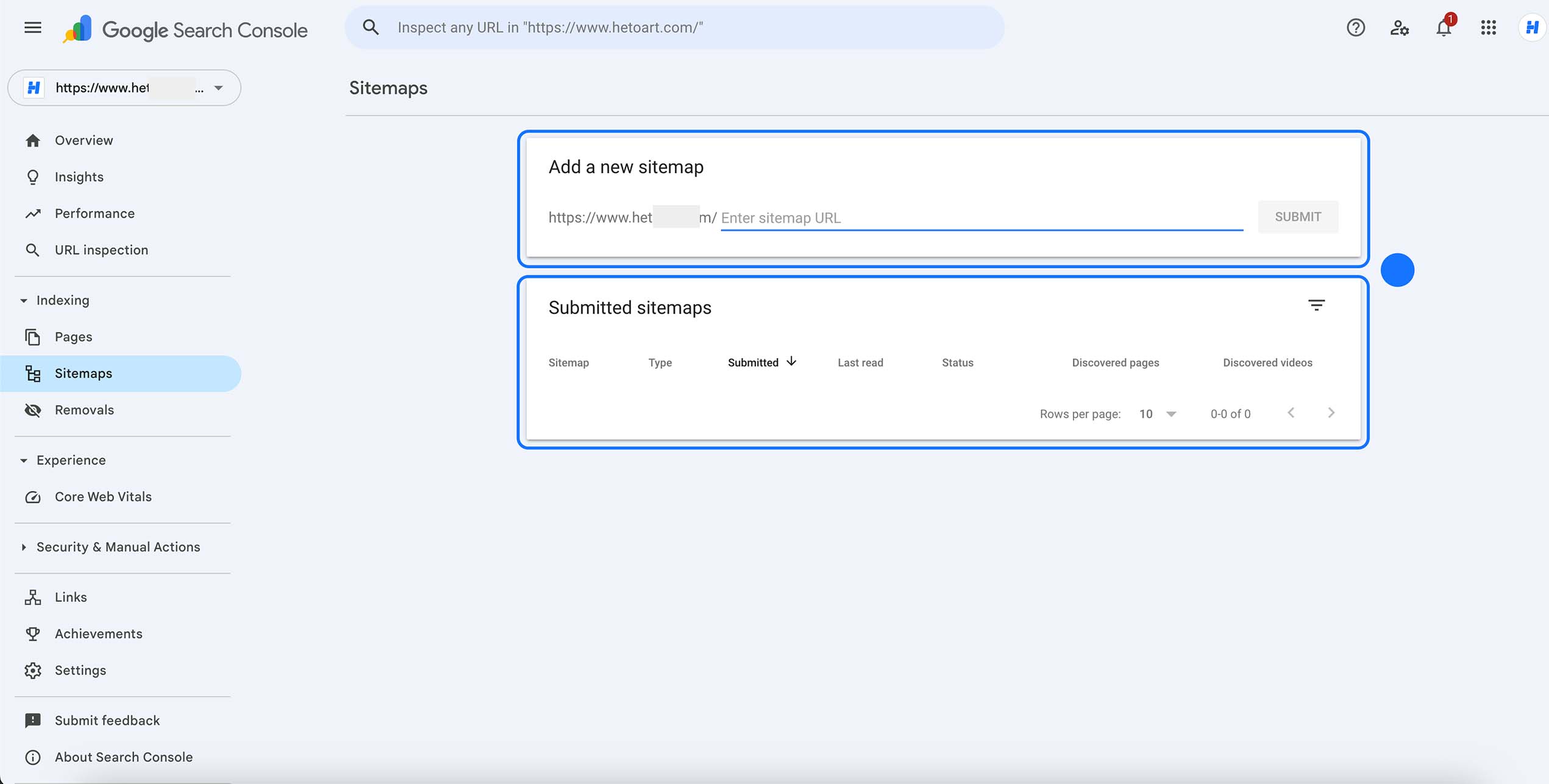 Section Sitemaps de Google Search Console avec champ pour ajouter un nouveau sitemap XML