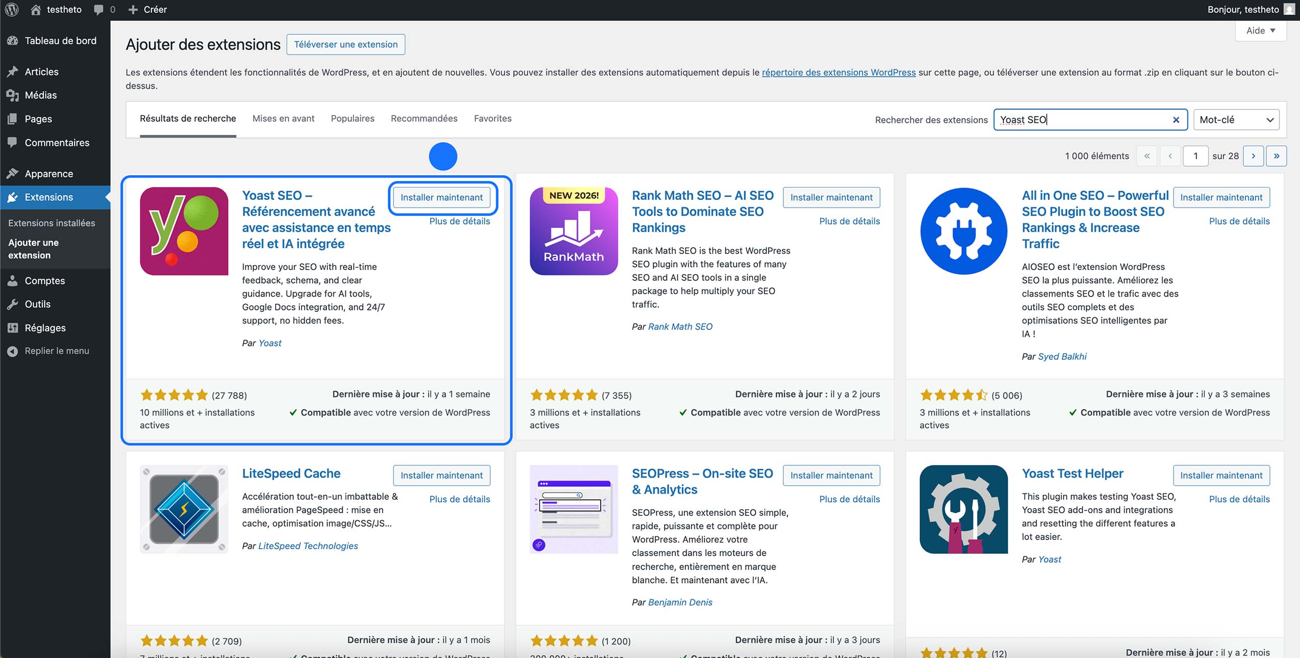 Page d’ajout d’extensions WordPress affichant le plugin Yoast SEO prêt à être installé
