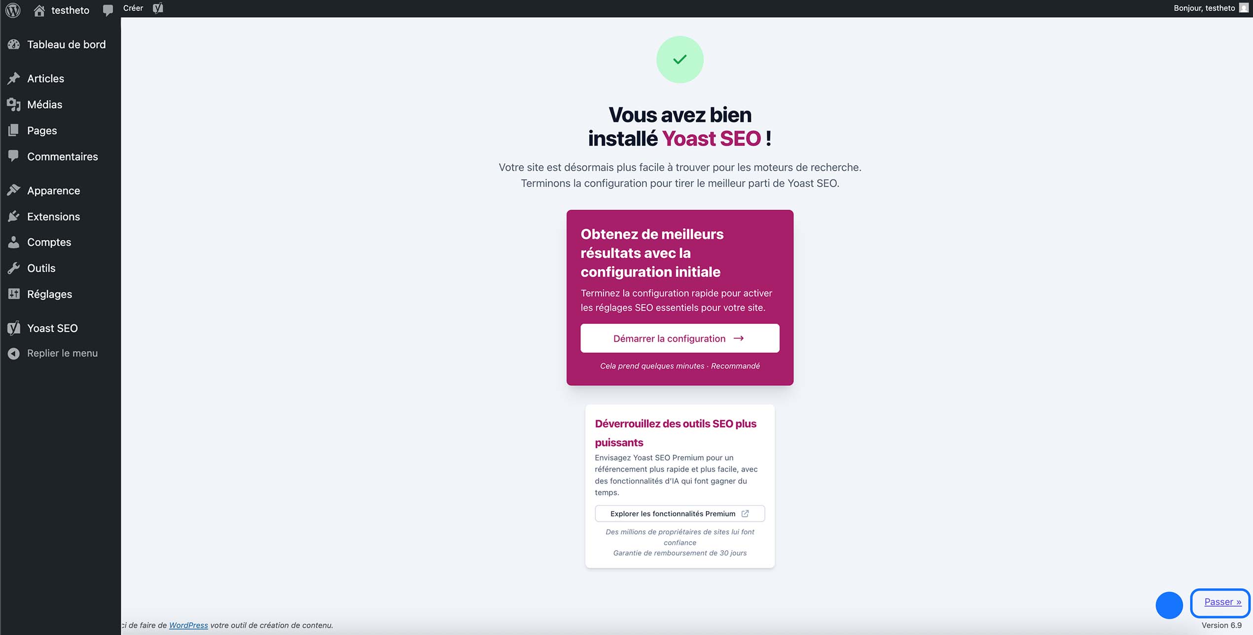 Message de confirmation indiquant que Yoast SEO est correctement installé sur WordPress