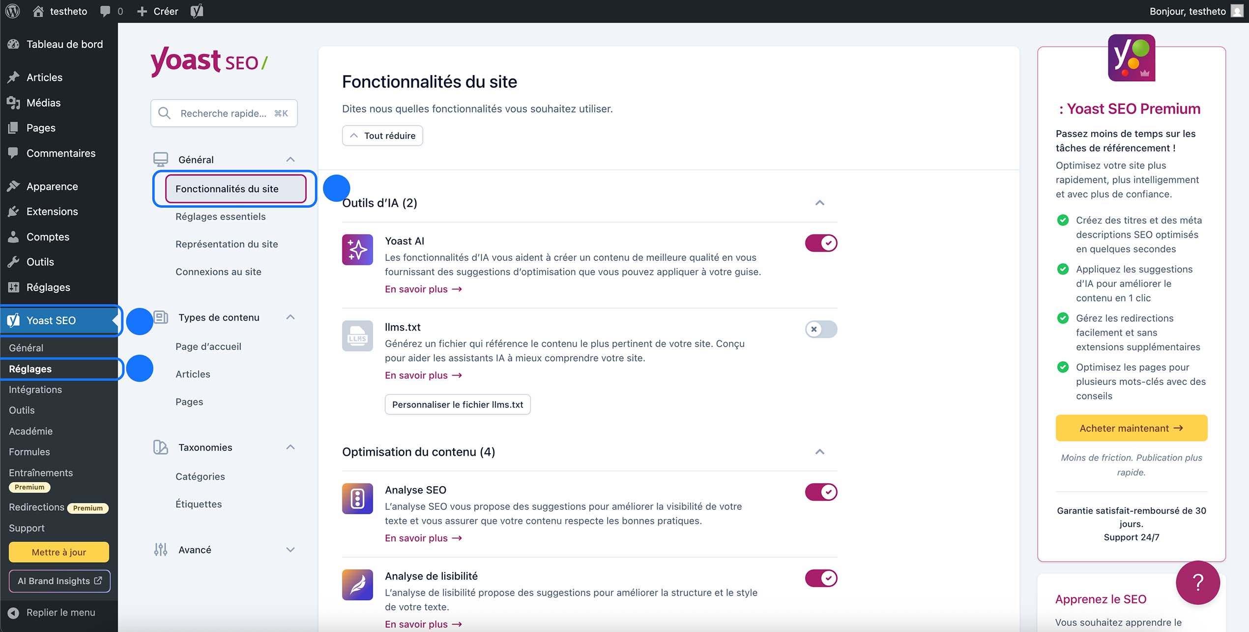 Accès aux fonctionnalités du site dans Yoast SEO depuis les réglages WordPress