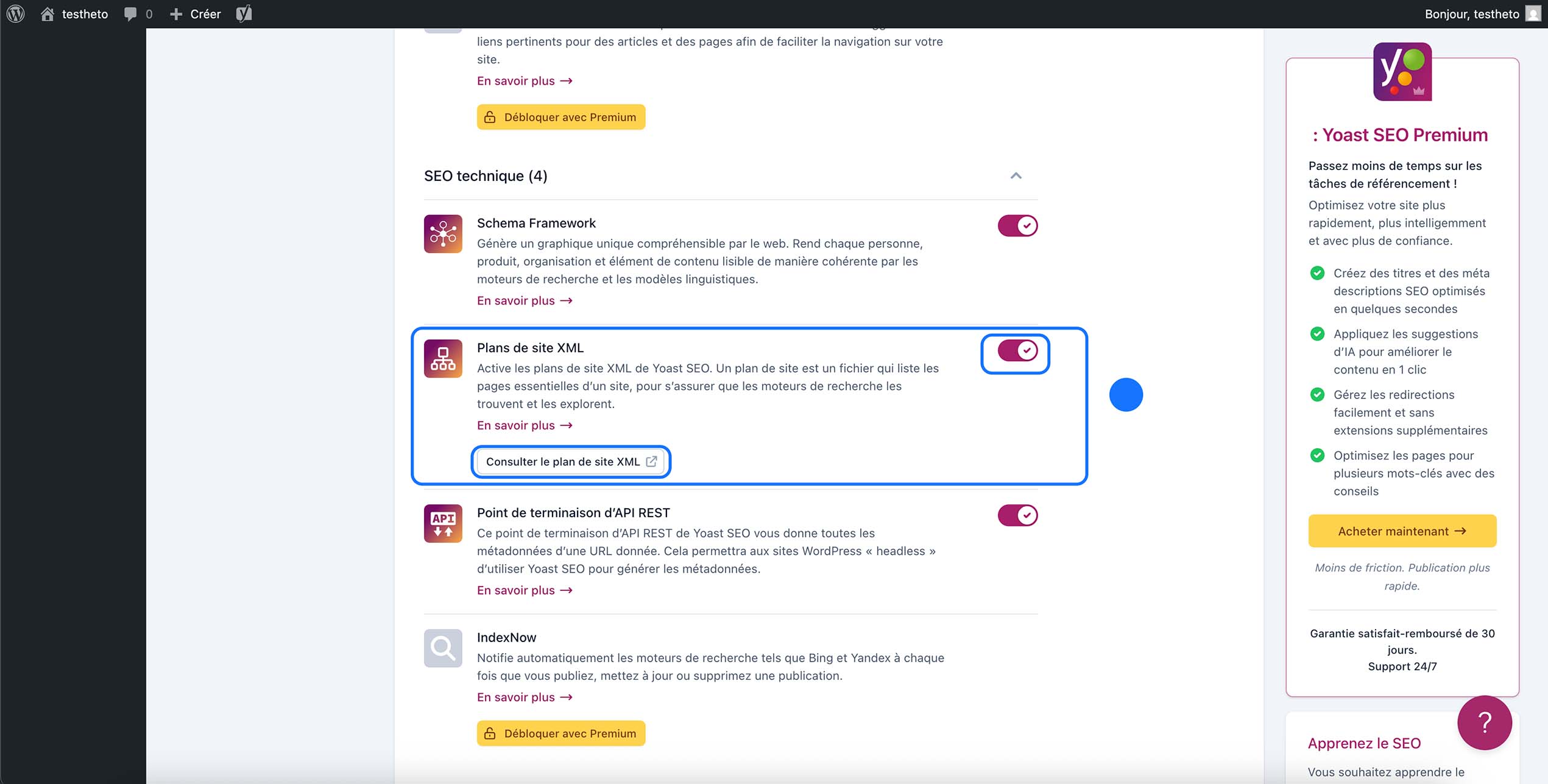 Activation du plan de site XML dans Yoast SEO pour WordPress depuis les réglages de SEO technique