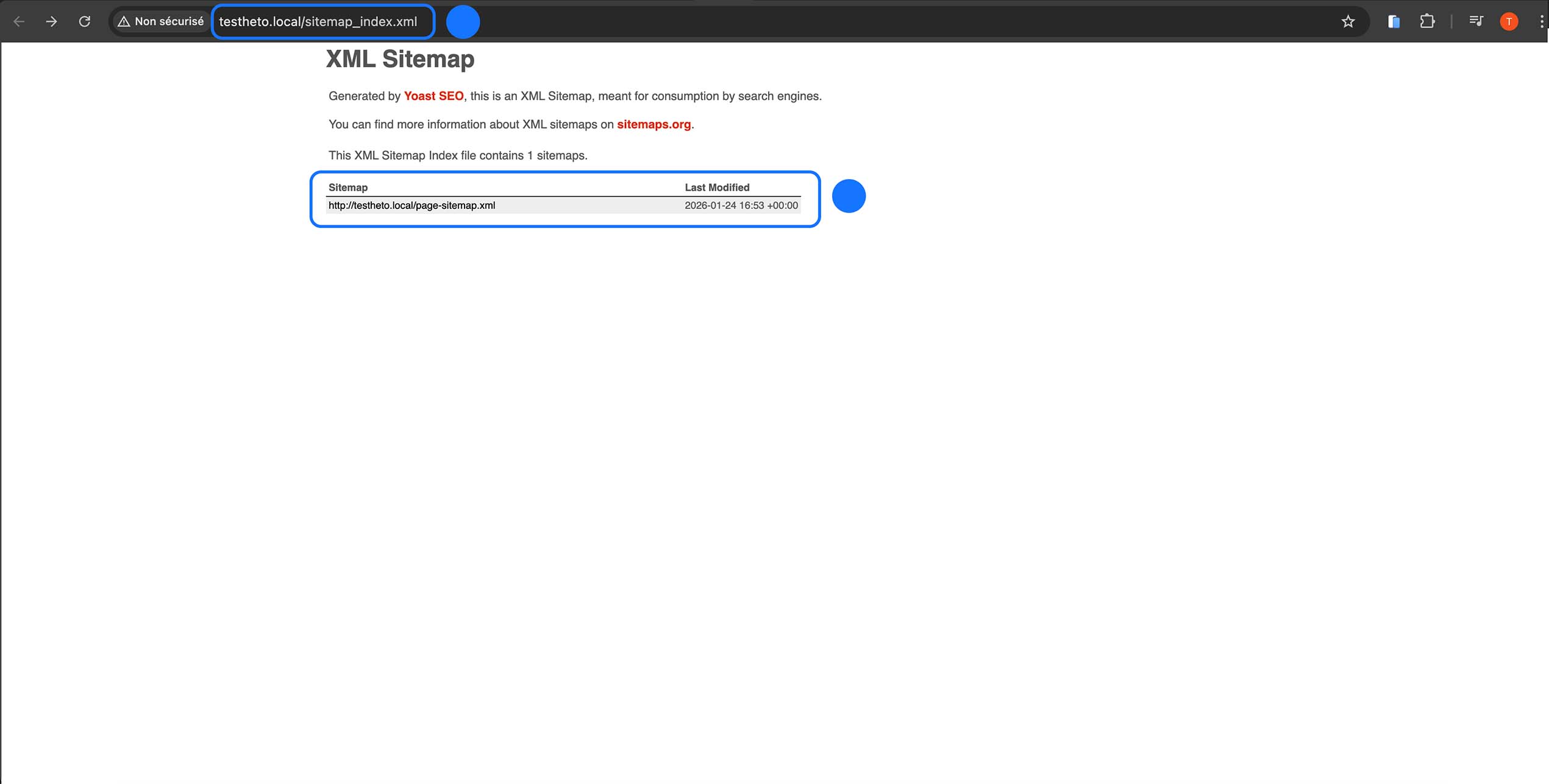 Sitemap XML WordPress généré par Yoast SEO affichant le fichier sitemap_index.xml et les pages indexées