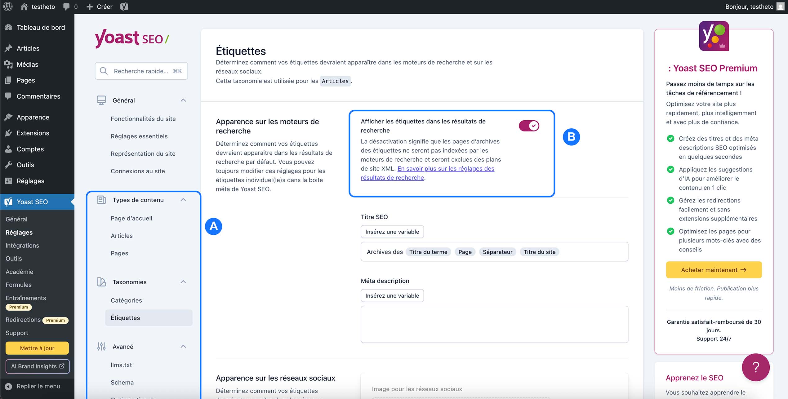 Paramètres des étiquettes dans Yoast SEO pour contrôler l’indexation des archives WordPress