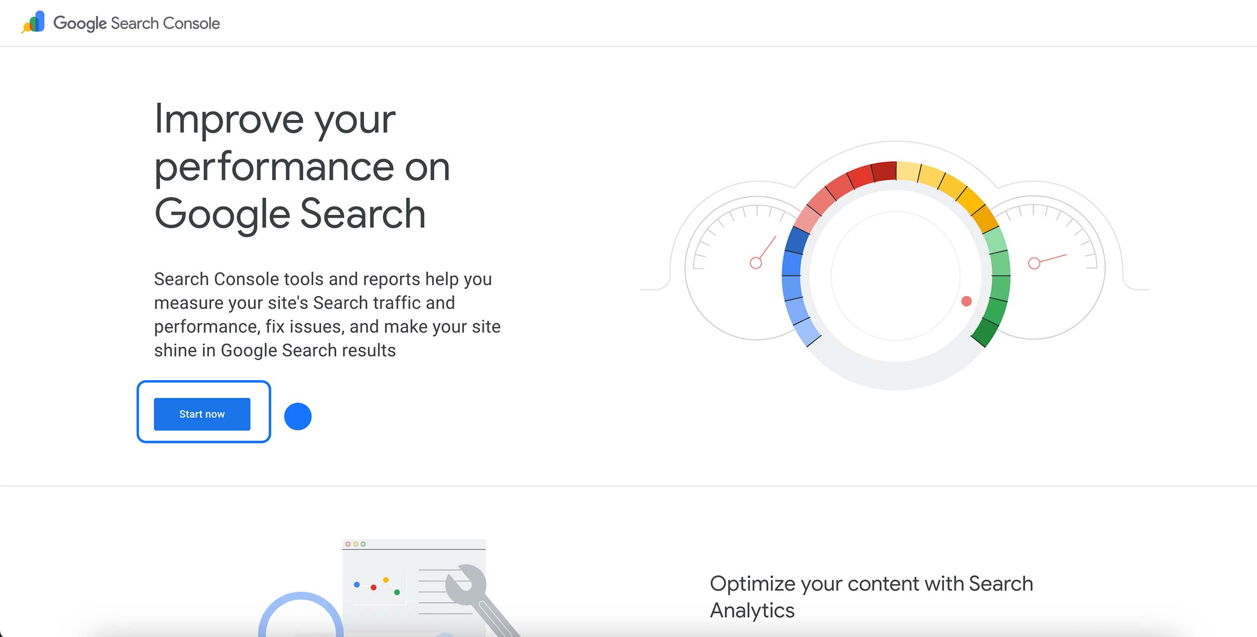 Page d’accueil de Google Search Console pour améliorer les performances d’un site sur Google