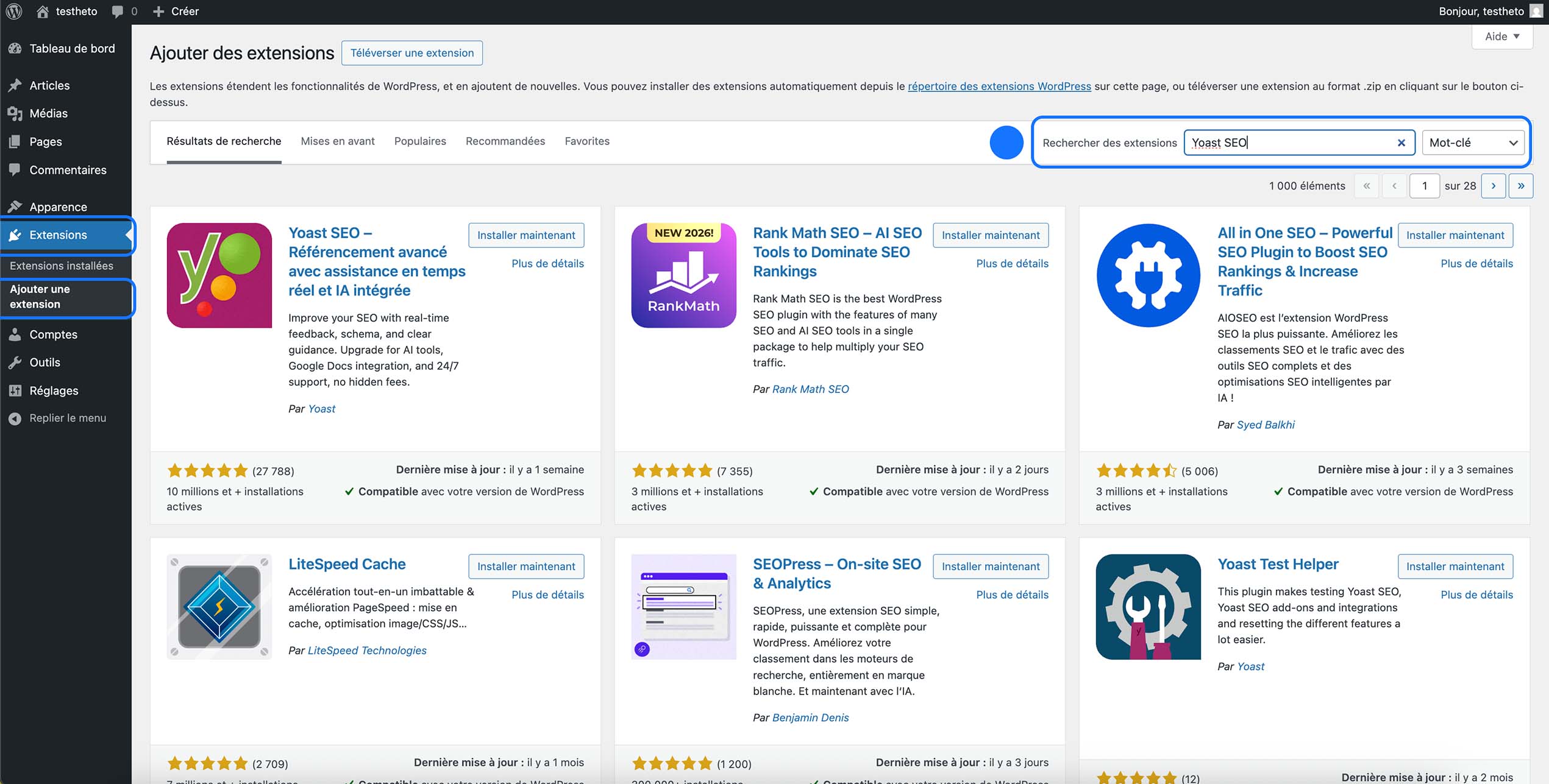 Recherche du plugin Yoast SEO dans le répertoire des extensions WordPress