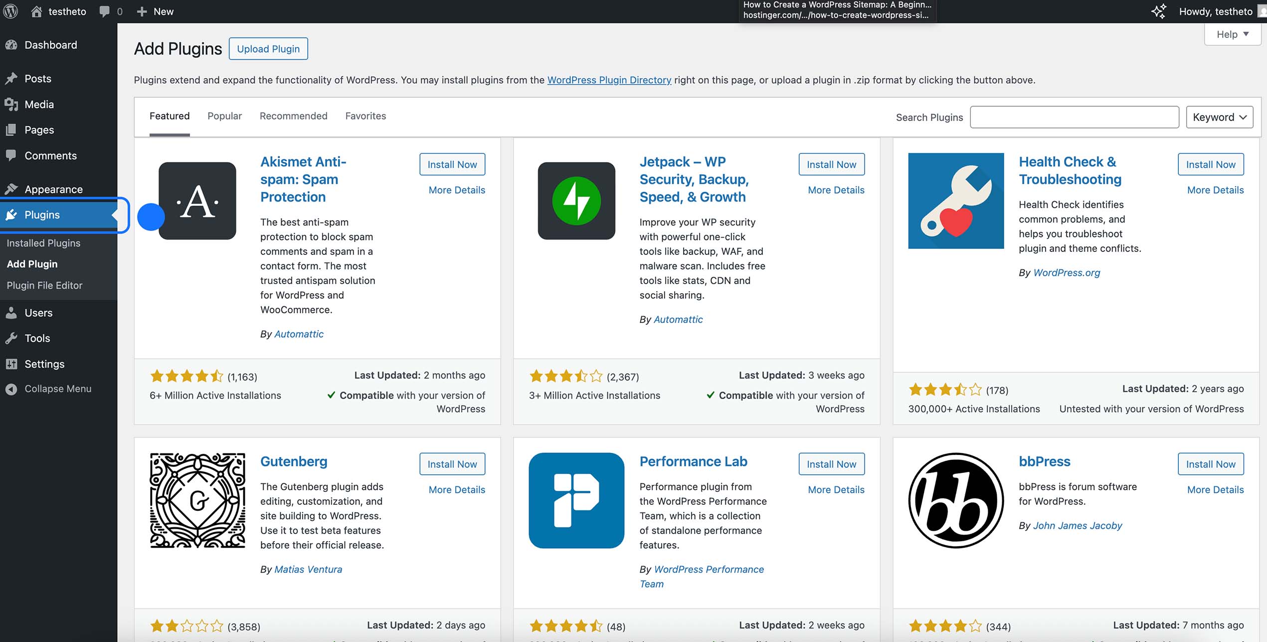 Menu Extensions WordPress ouvert avec l’option Ajouter une extension