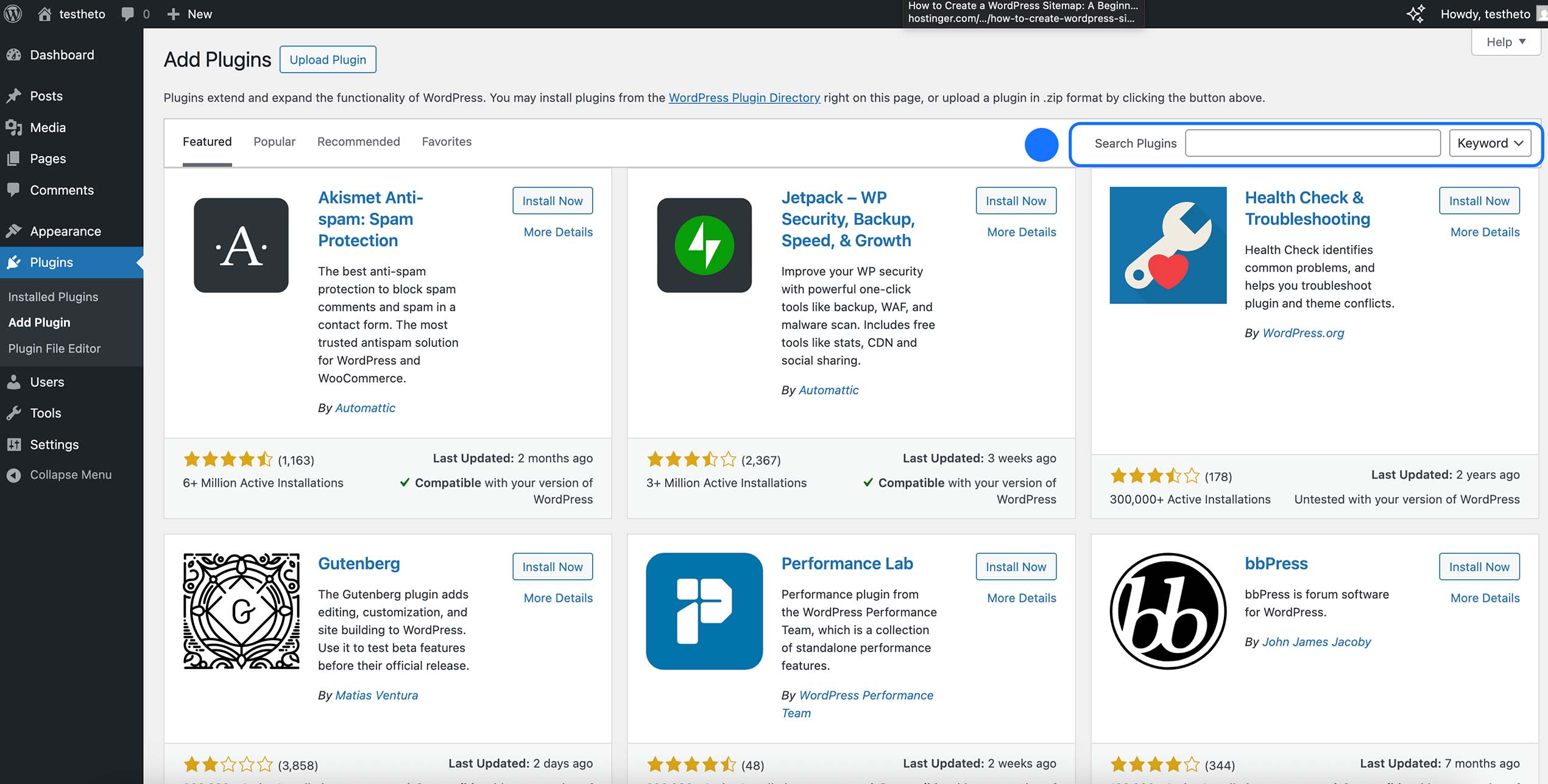 Barre de recherche des extensions dans le répertoire de plugins WordPress
