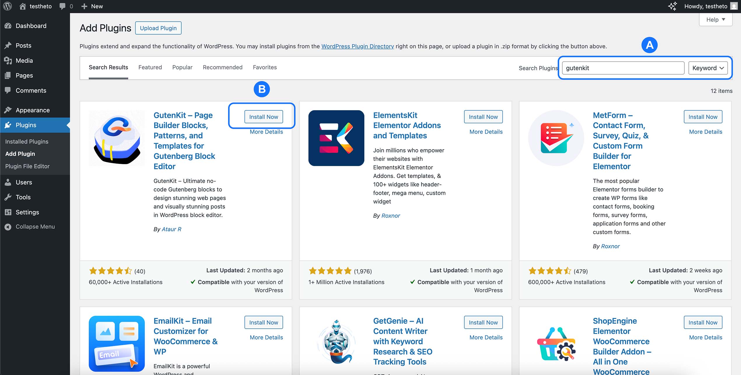 Recherche du plugin GutenKit dans le répertoire des extensions WordPress avant installation
