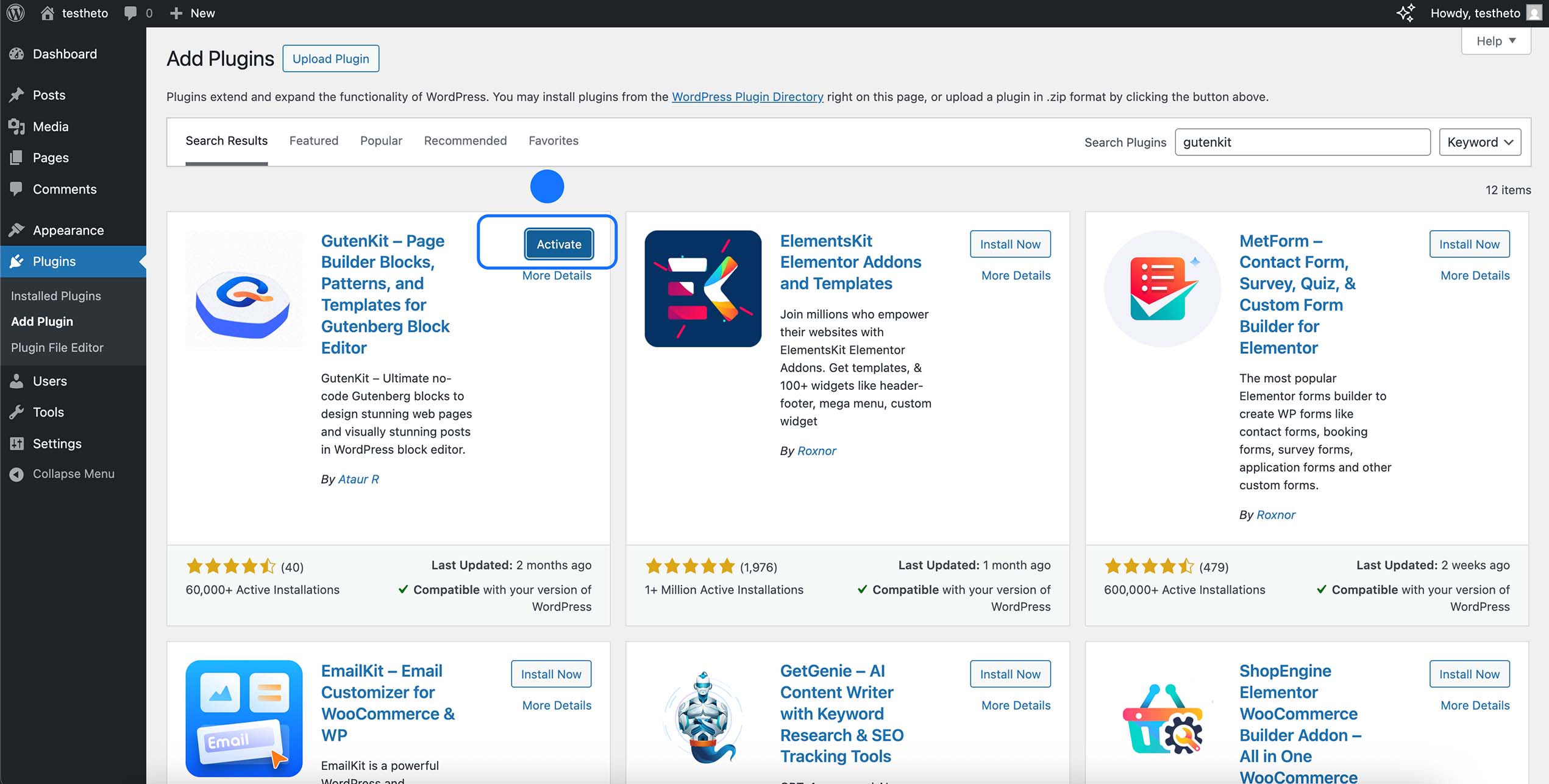 Recherche du plugin GutenKit dans le répertoire d’extensions WordPress avec bouton Activer