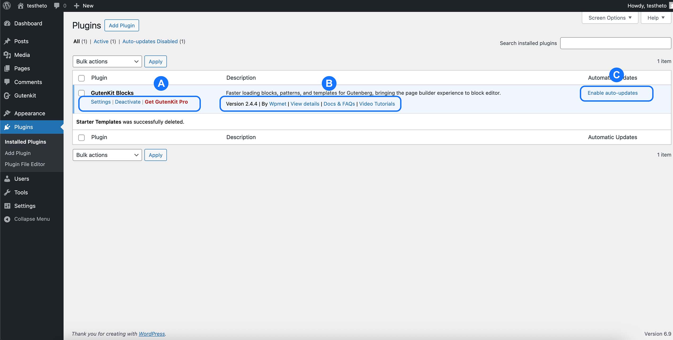 Liste des extensions WordPress installées avec options Settings, Deactivate et Enable auto-updates