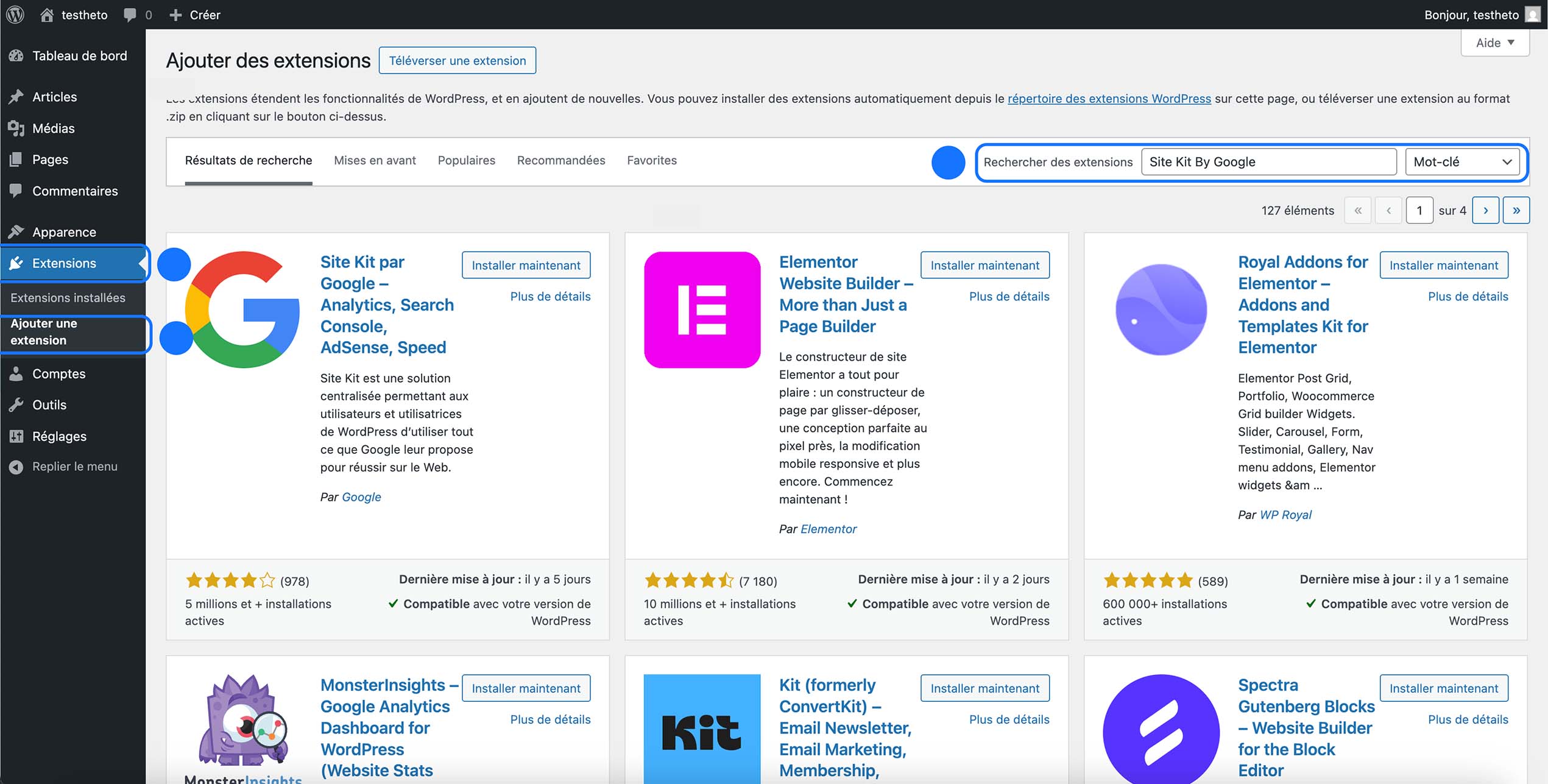 Recherche de l’extension Site Kit by Google dans WordPress via le menu Extensions > Ajouter avec barre de recherche plugins