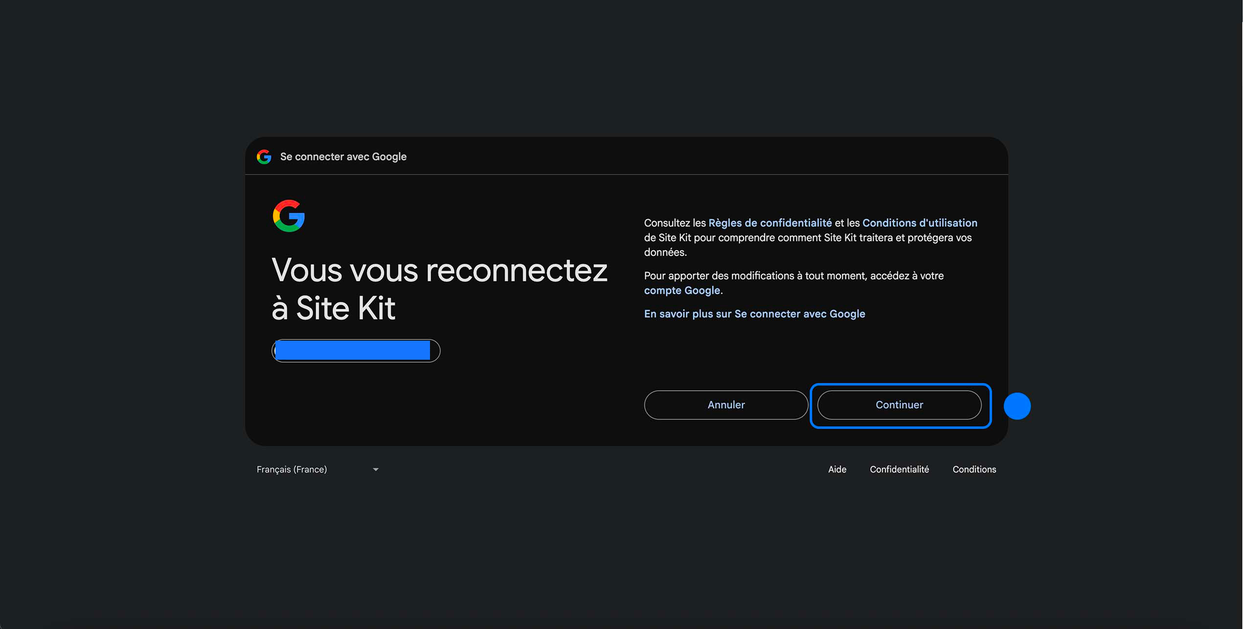 Connexion à Google pour autoriser Site Kit WordPress à accéder au compte et aux données Analytics
