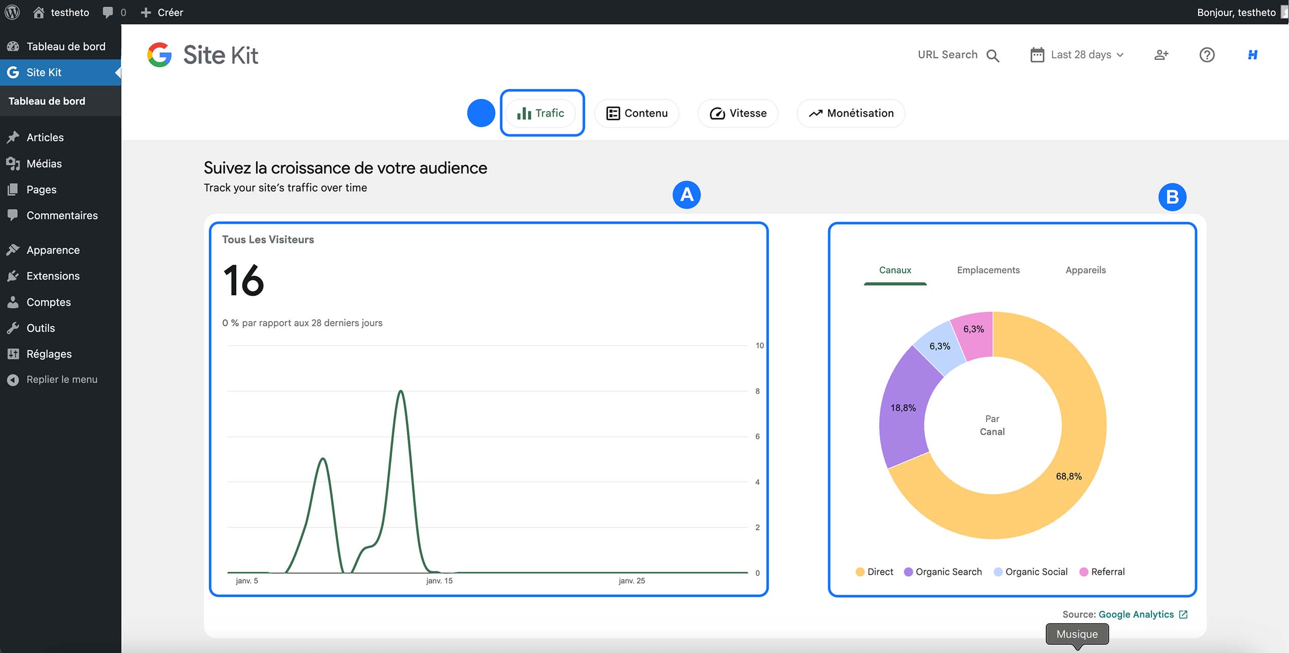 Suivi de la croissance du trafic WordPress dans Site Kit by Google avec répartition des visiteurs par canal d’acquisition