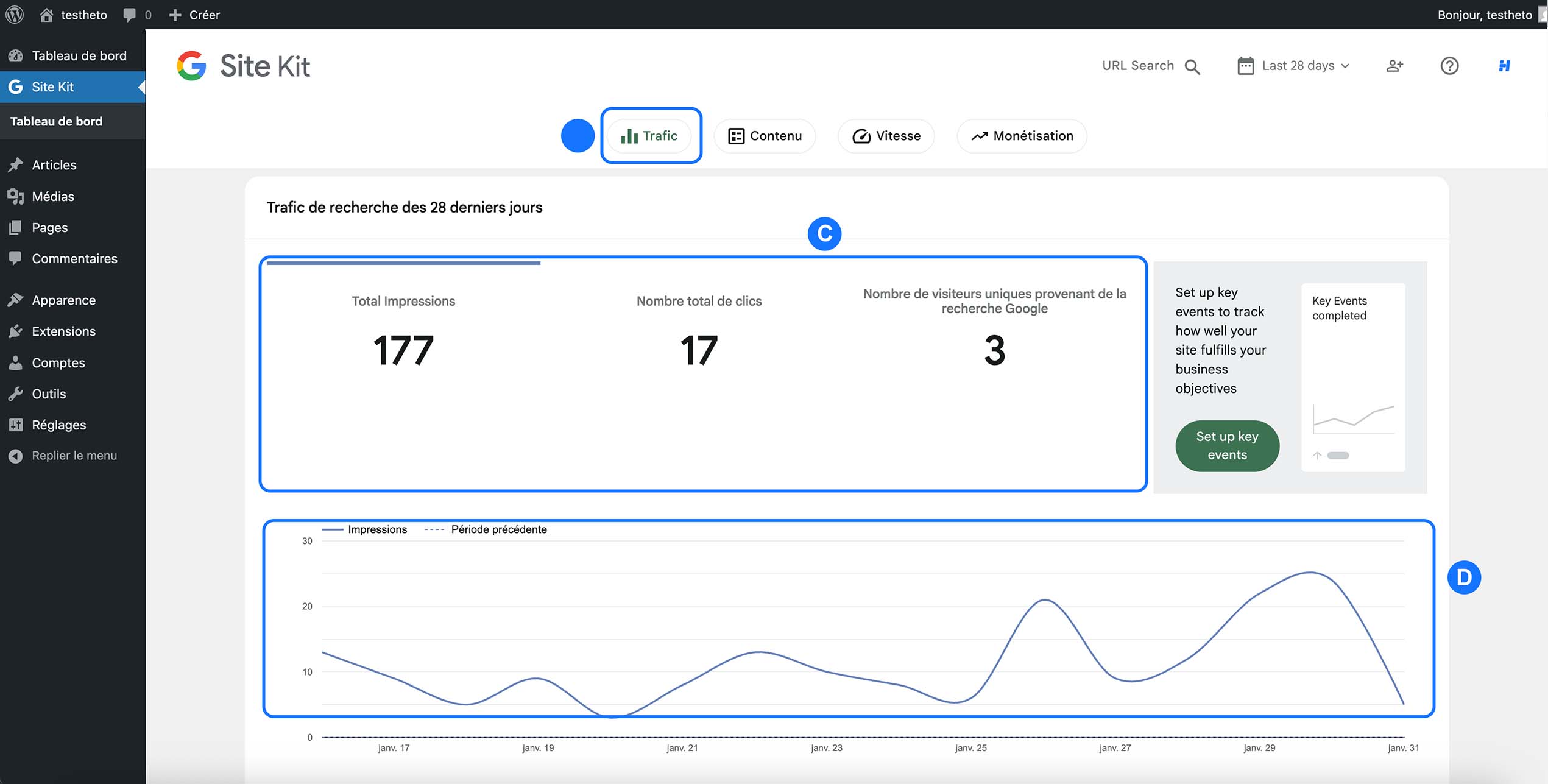 Suivi du trafic de recherche Google dans Site Kit WordPress avec impressions, clics et visiteurs issus du SEO