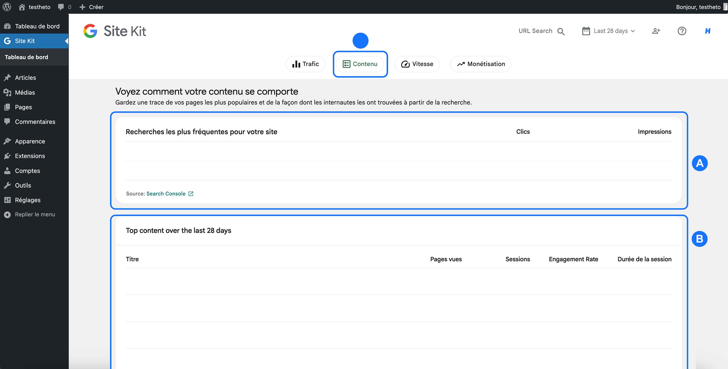 Analyse des performances de contenu WordPress dans Site Kit by Google avec données Search Console et pages populaires