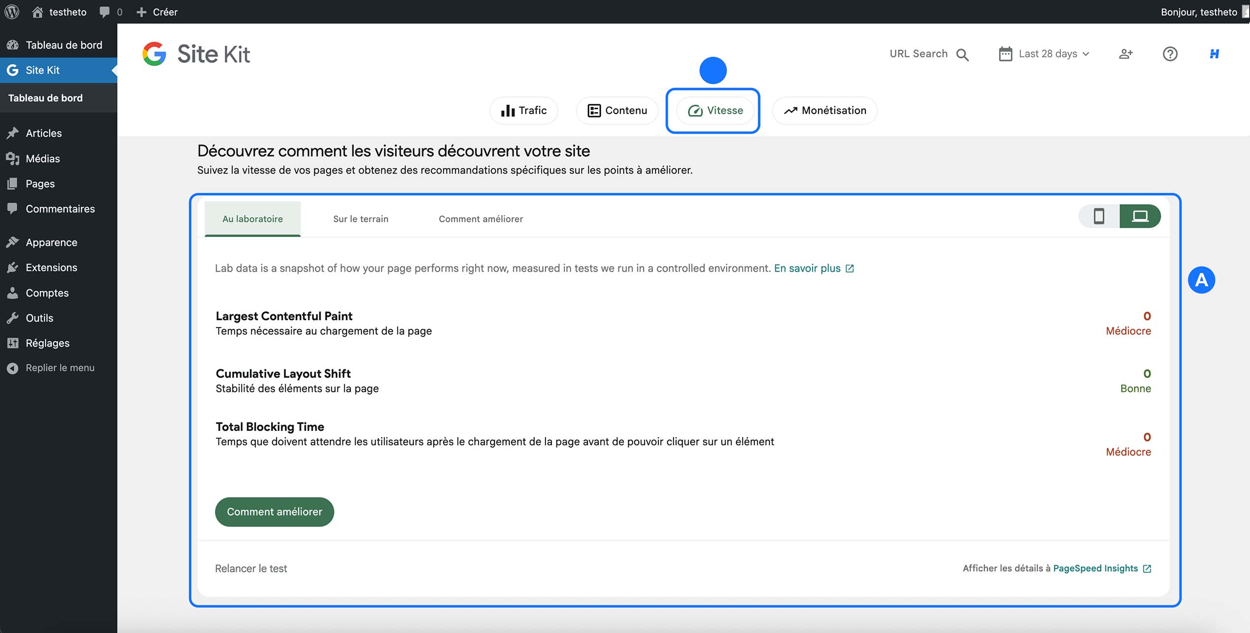 Rapport de vitesse Site Kit by Google dans WordPress affichant les performances Core Web Vitals de la page