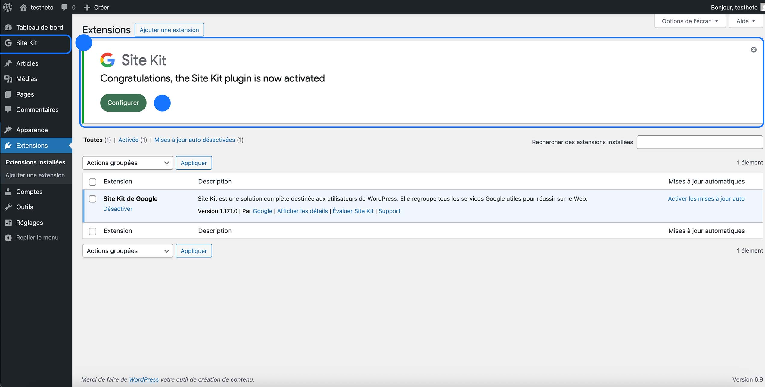 Extension Site Kit de Google activée dans WordPress avec bouton Configurer pour démarrer l’installation