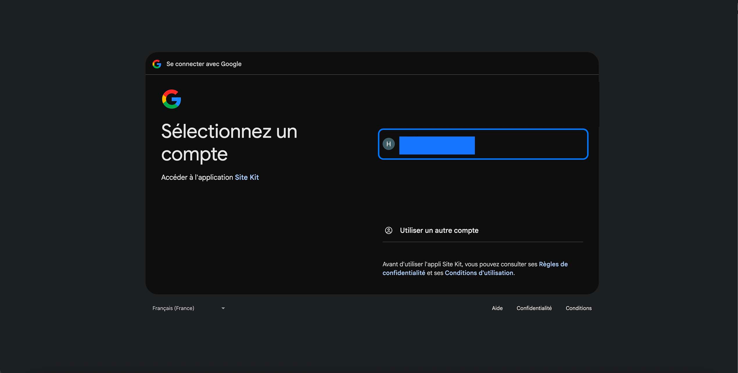 Sélection du compte Google pour connecter Site Kit WordPress à Google Analytics